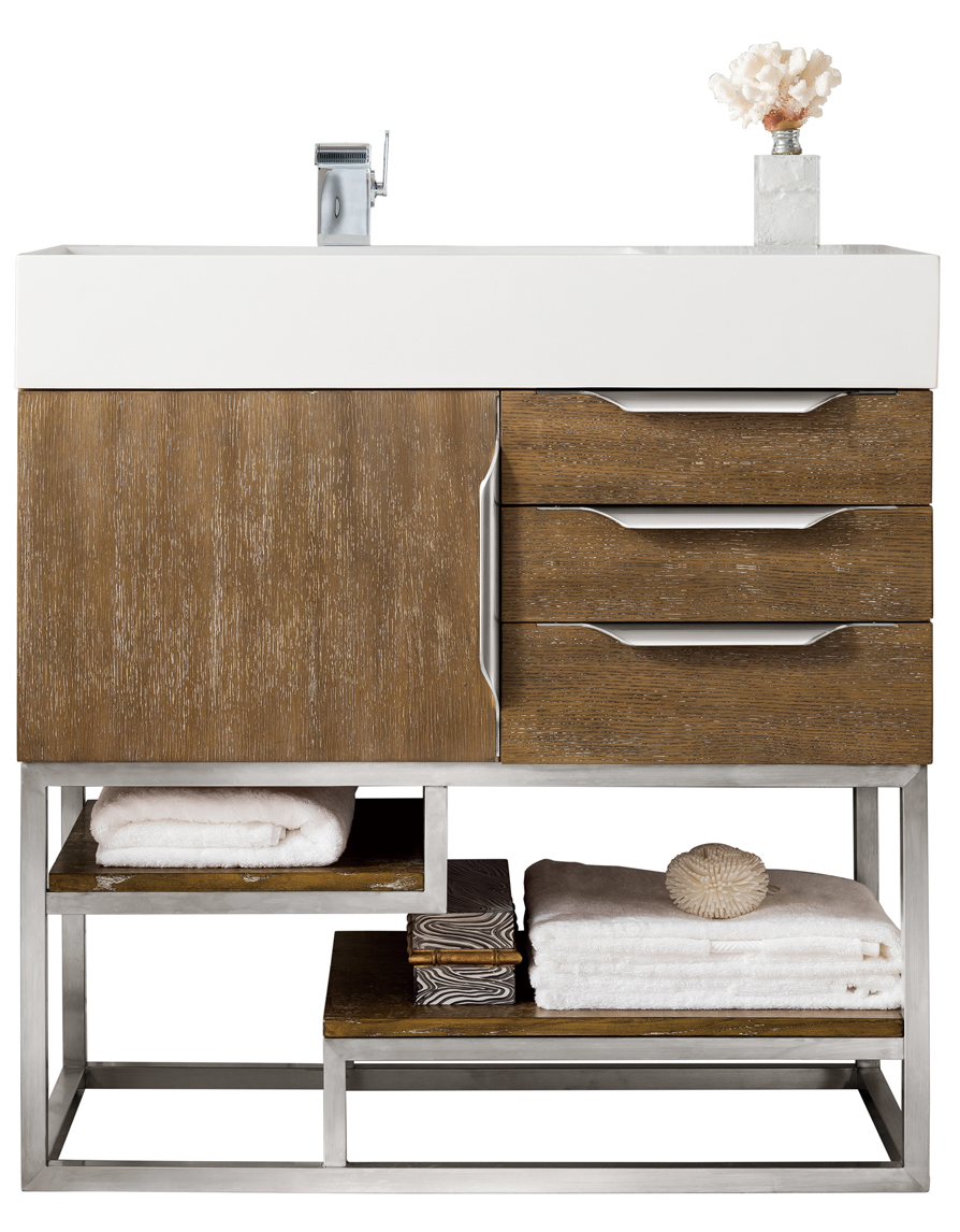 James Martin Columbia 36" Single Vanity, Latte Oak, w/ Glossy White Composite Stone Top and Stand Finish Options