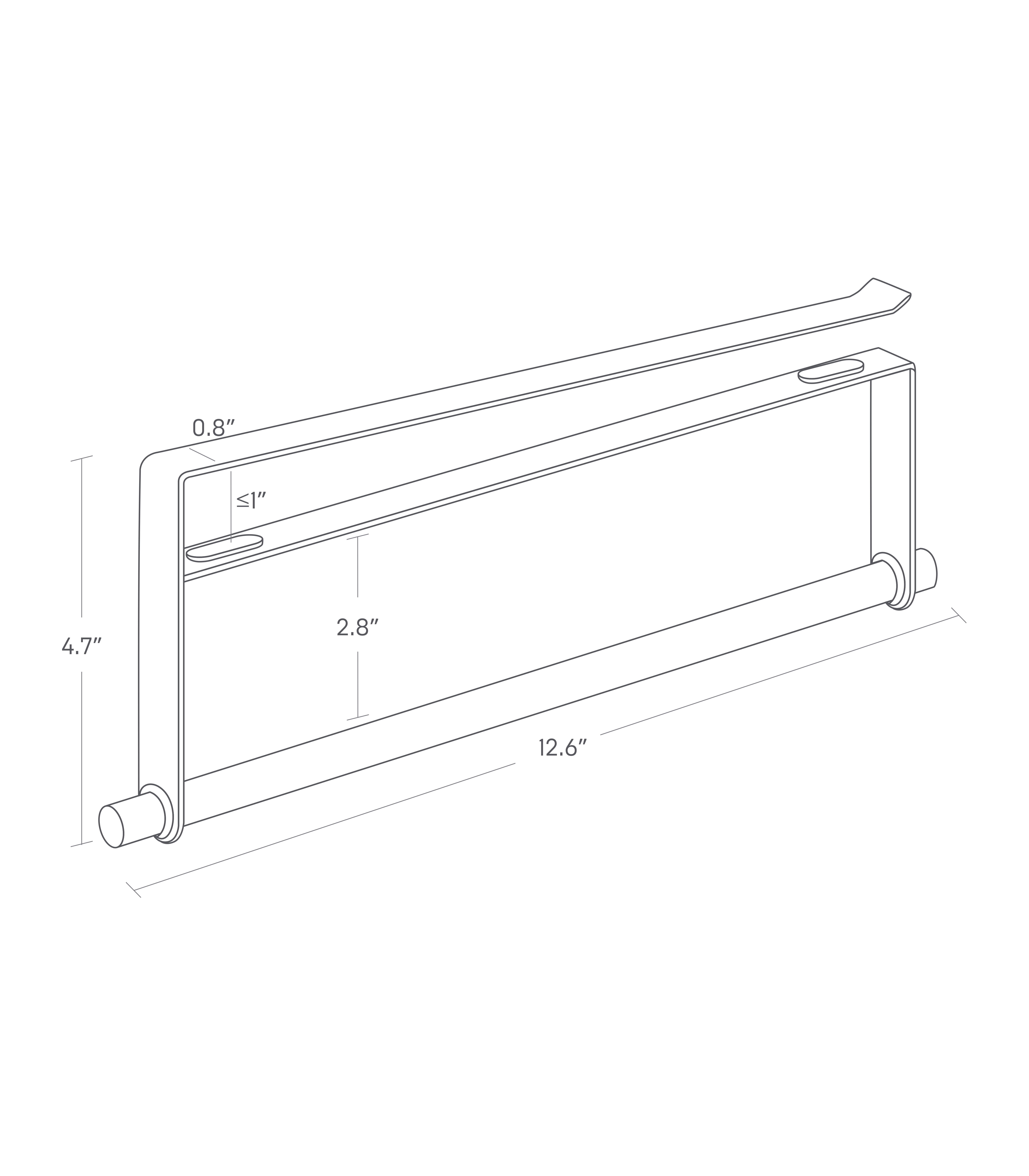 Dimension image for Undershelf Paper Towel Holder with a total height of 4.7", a total width of 12.6". The space between the top bar and middle bar is up to 1.0", and the steel bars are 0.8" wide. The space between the middle bar and wooden dowel is 2.8".