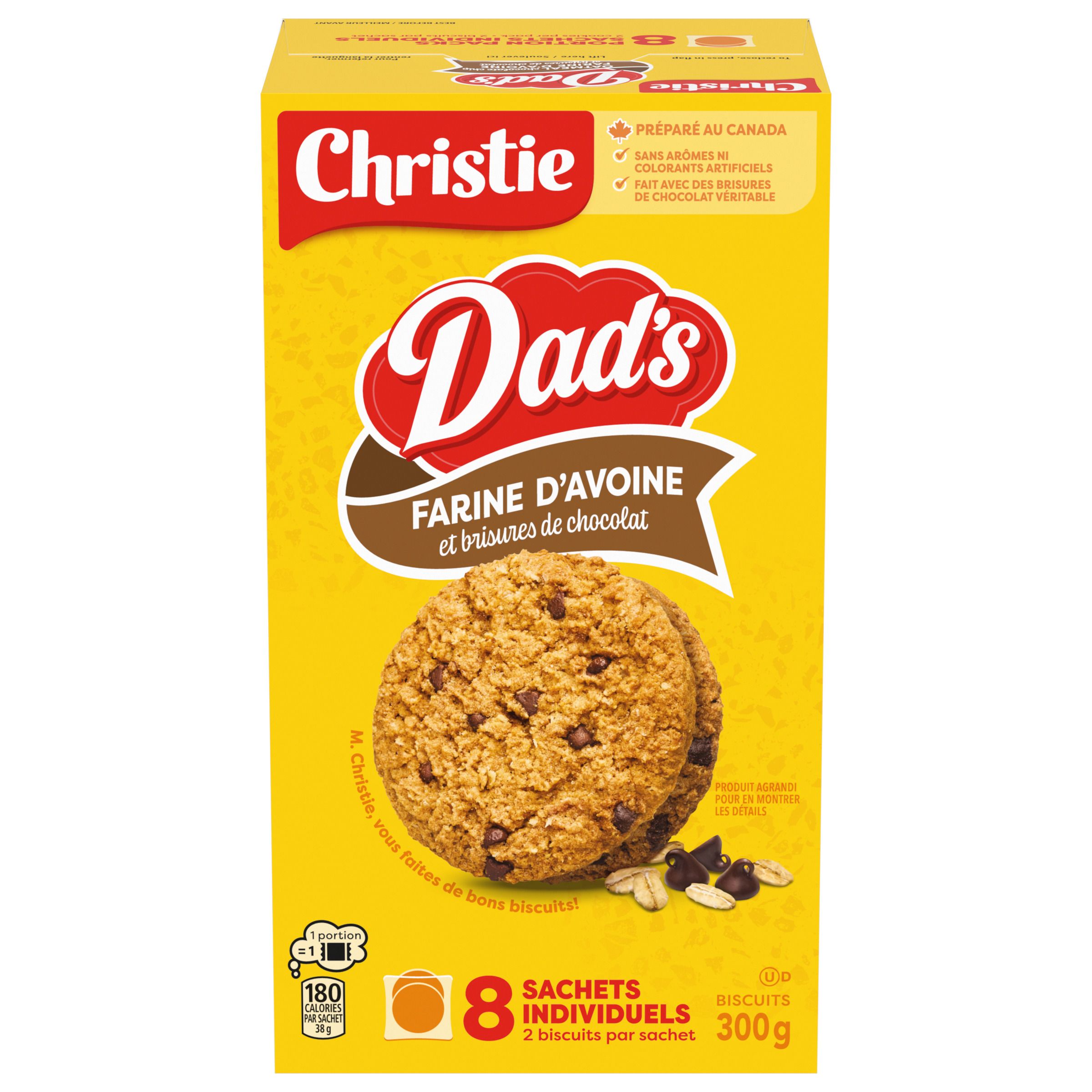 Biscuits DAD's farine d'avoine et brisures de chocolat, 8 sachets individuels, 300 g