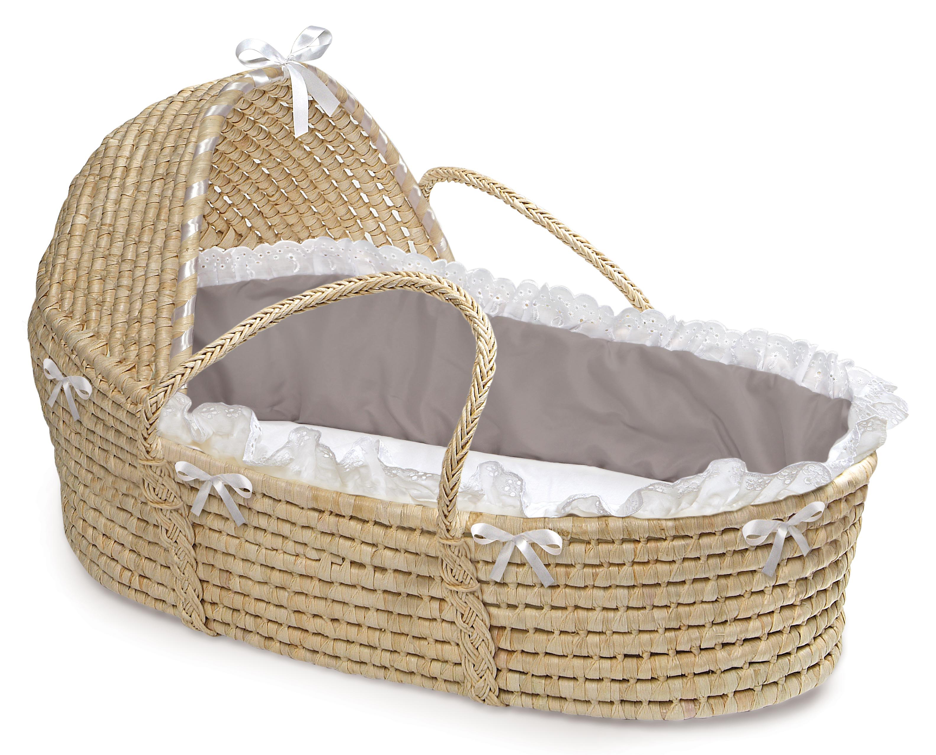Natural Hooded Moses Basket - Gray Bedding