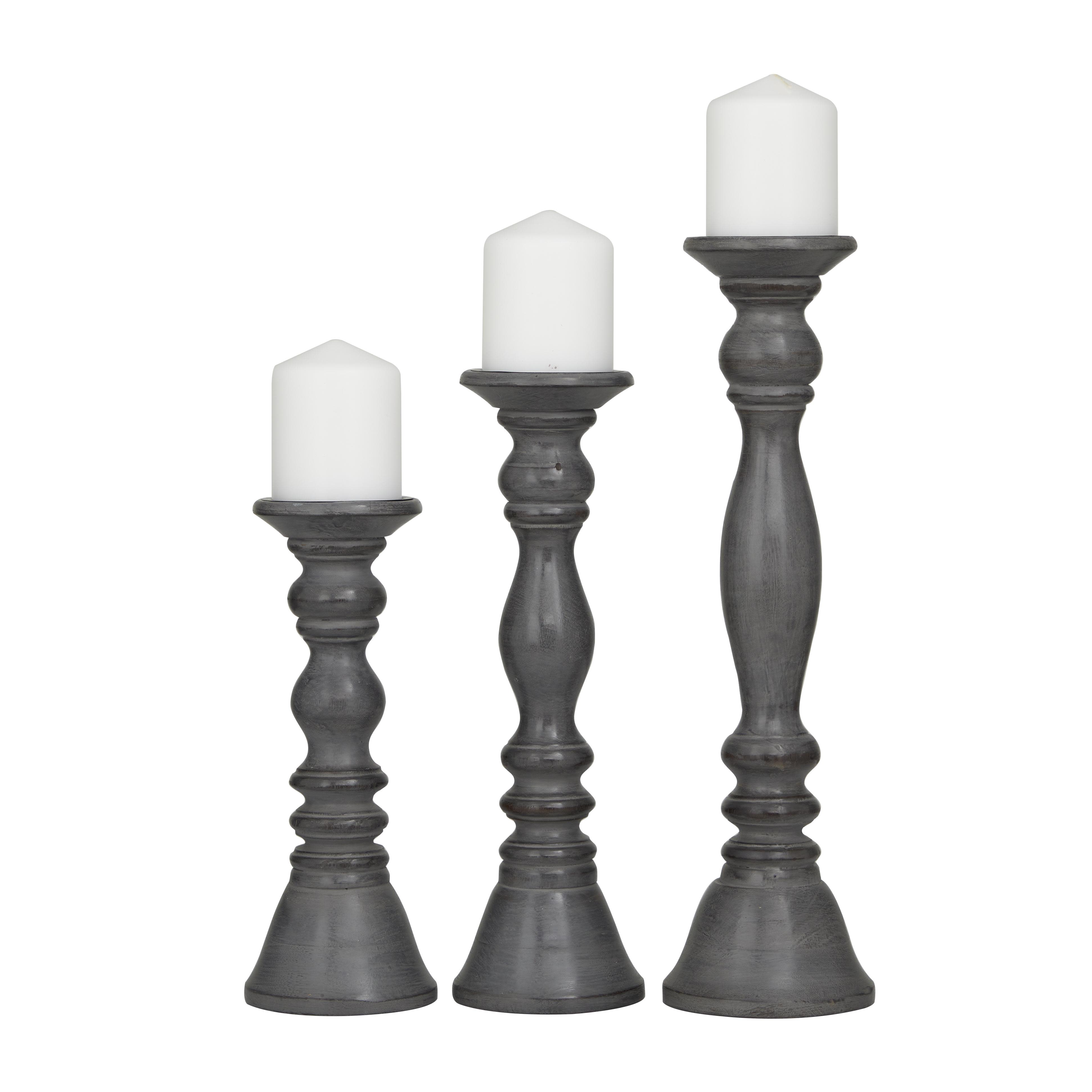 Gray Wood  Decorative Candle Holder, Set of 3 18, 15, 12"H