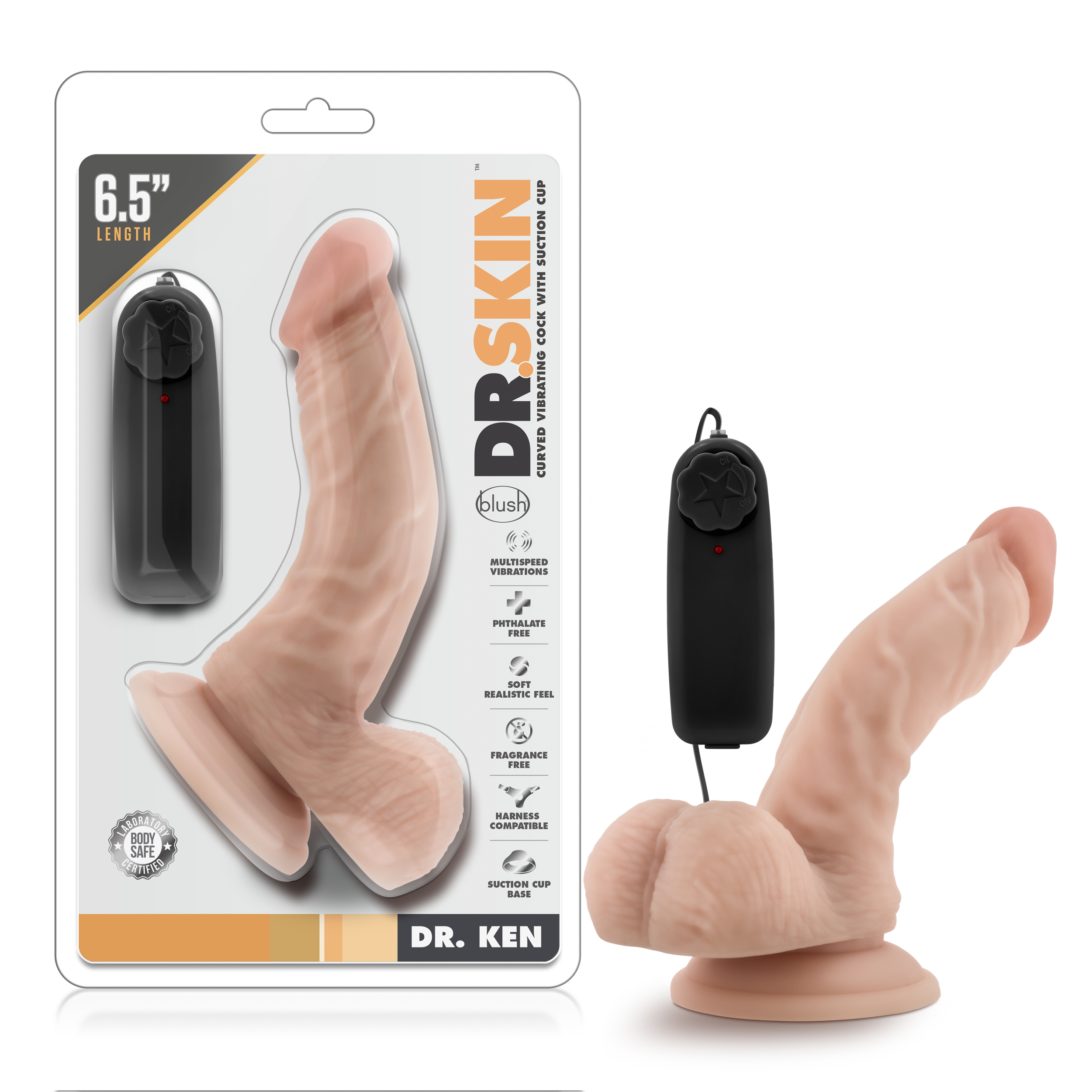 Blush Dr. Skin Dr. Ken Realistic G-Spot Vanilla 6.5-Inch Long Remote Control Vibrating Dildo With Suction Cup Base