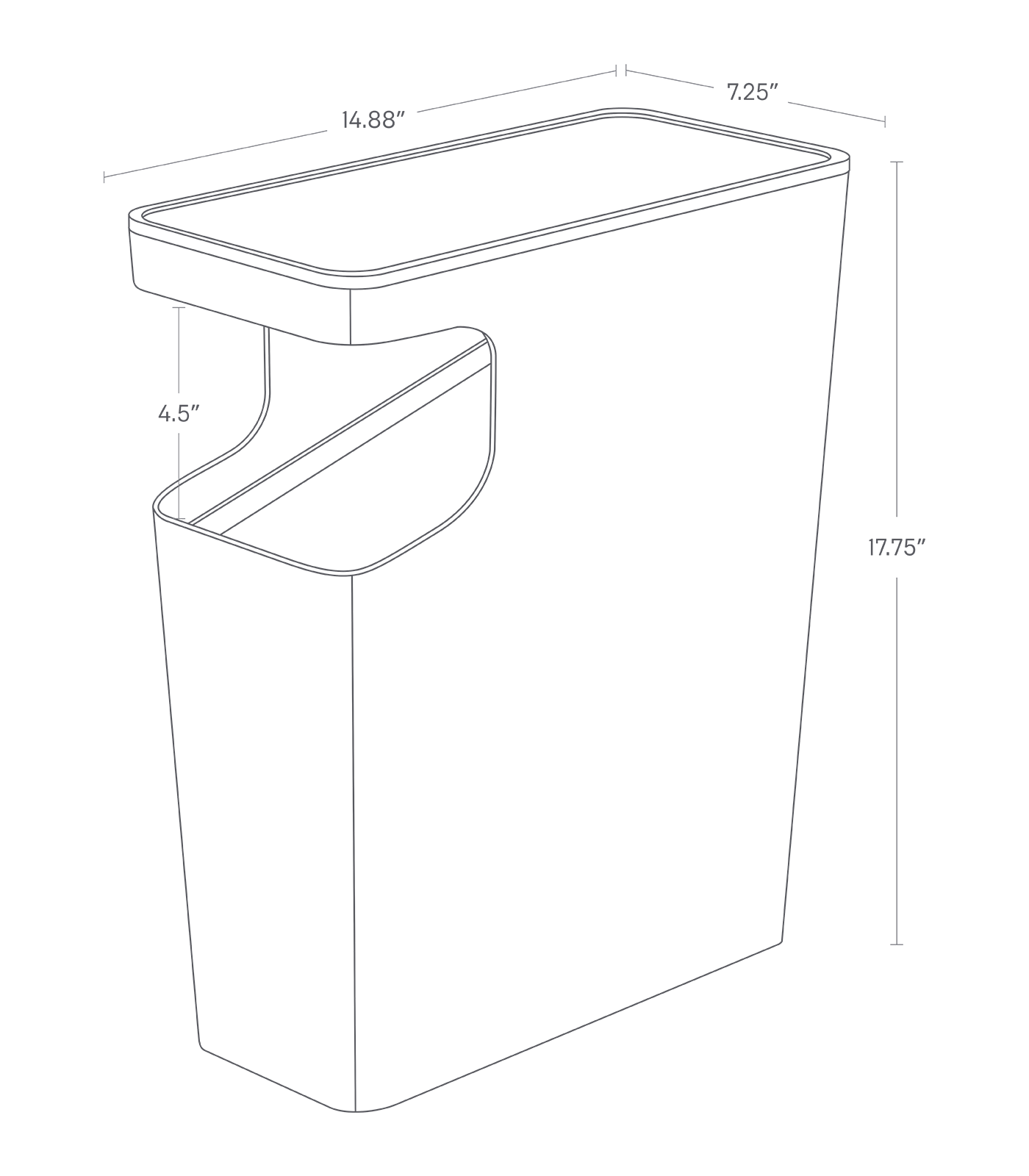 Dimension image for Side Table Trash Can showing length of 14.88", width of 7.25" and height of 17.75"