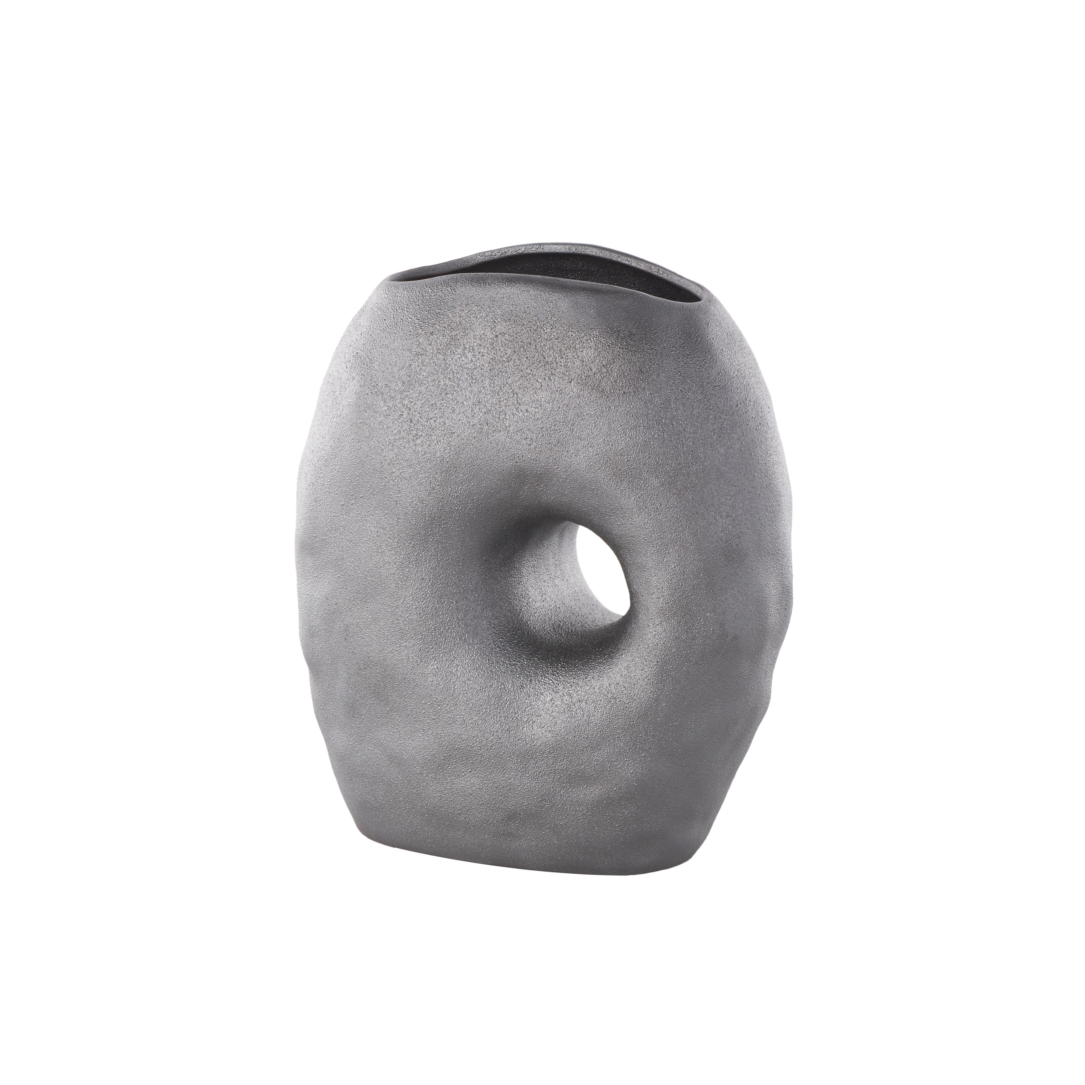 Gray Ceramic Abstract Wavy Donut Decorative Vase with Cutout Center, 10" x 6" x 12"