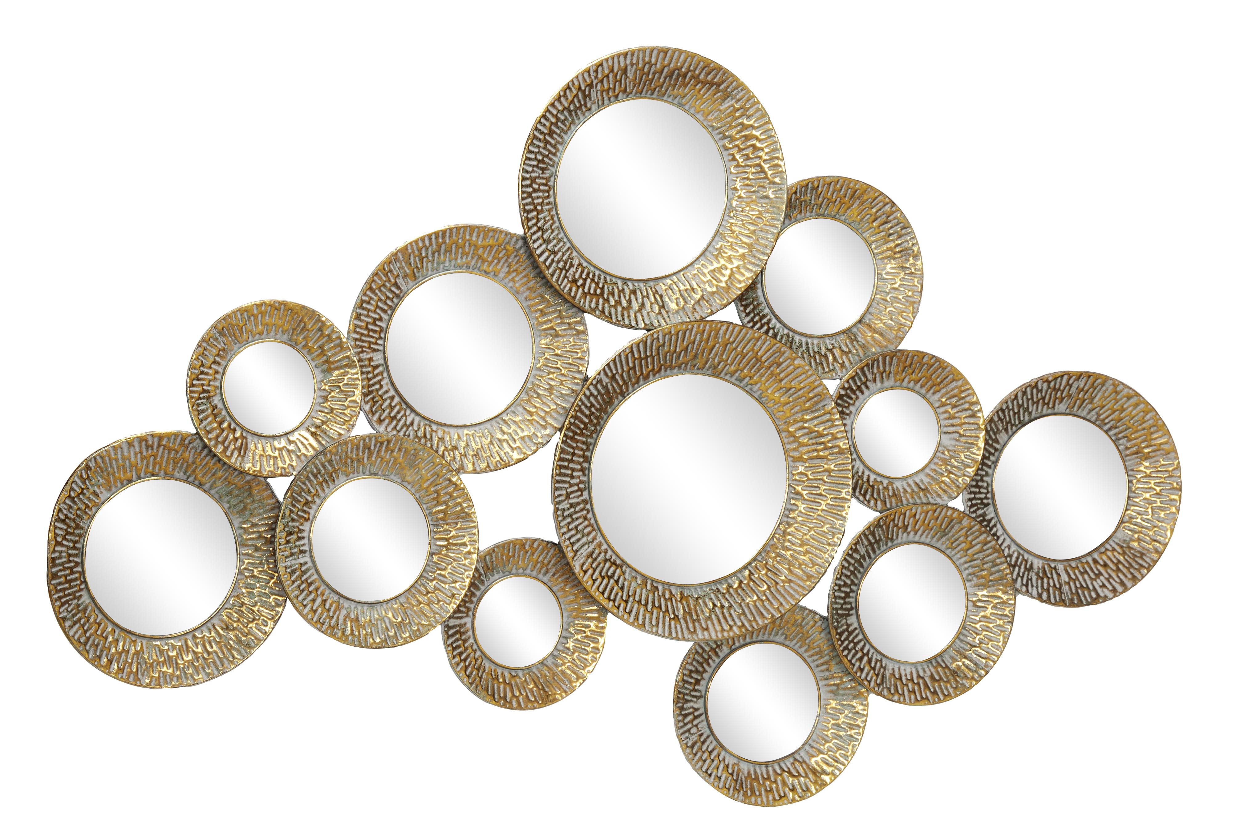 Large Metallic Gold Pierced Metal Round Wall Mirrors Cluster w/ Textural Pattern, 50" x 33"