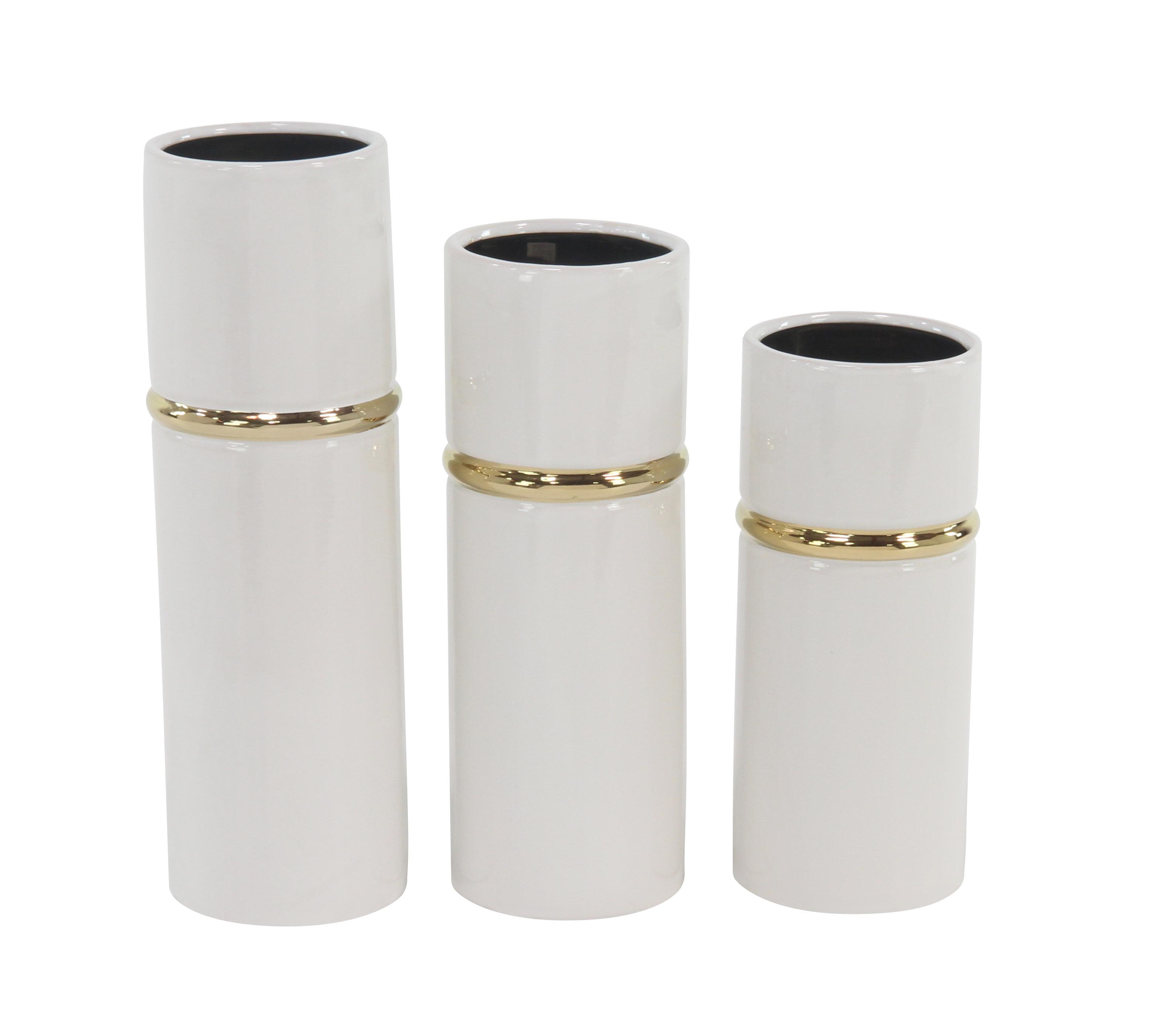 White Ceramic  Decorative Vase with Gold Accents, Set of 3 12", 14", 16"H