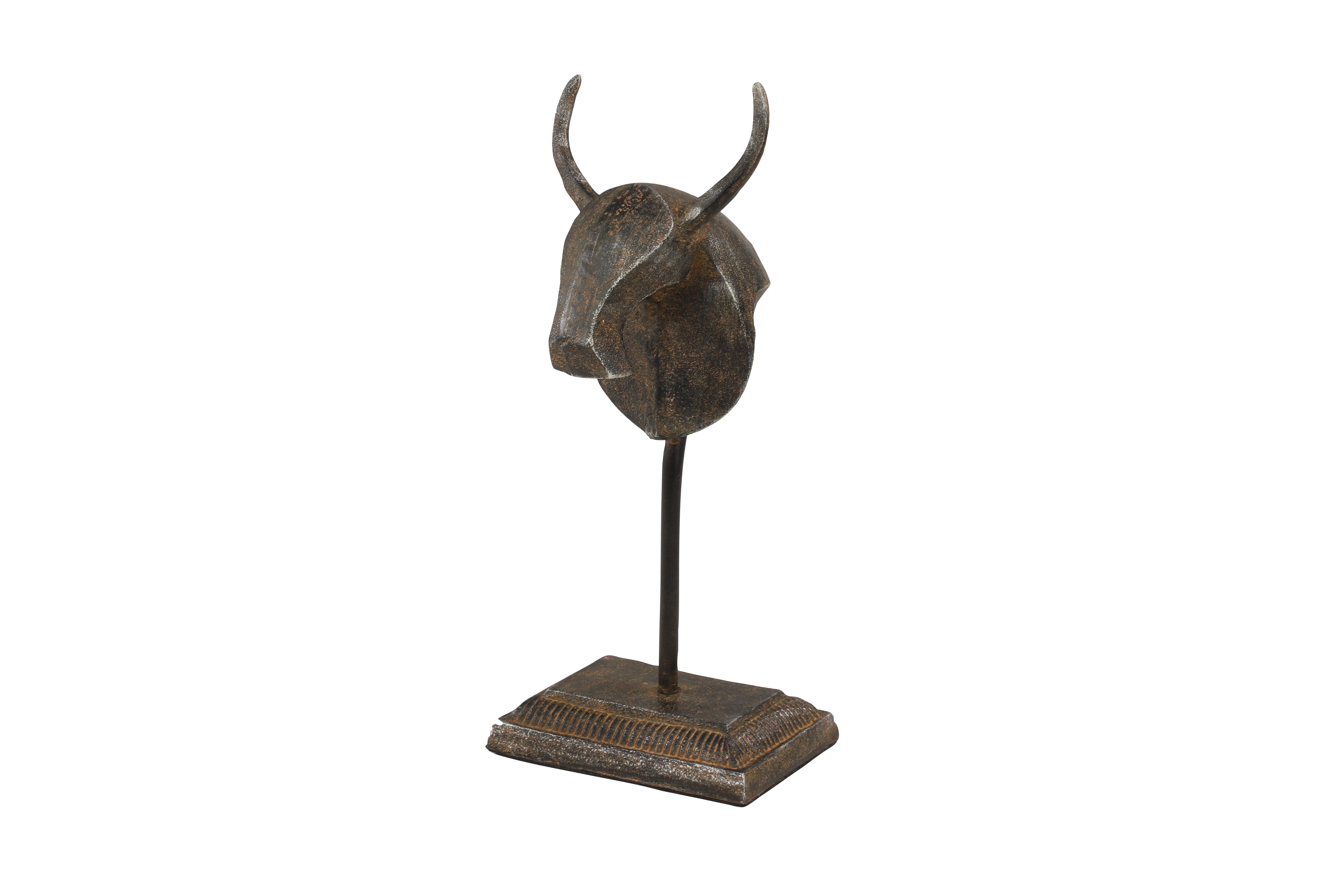 6” x 14” Large Textured Brown Metal Bull Skull Sculpture on Stand
