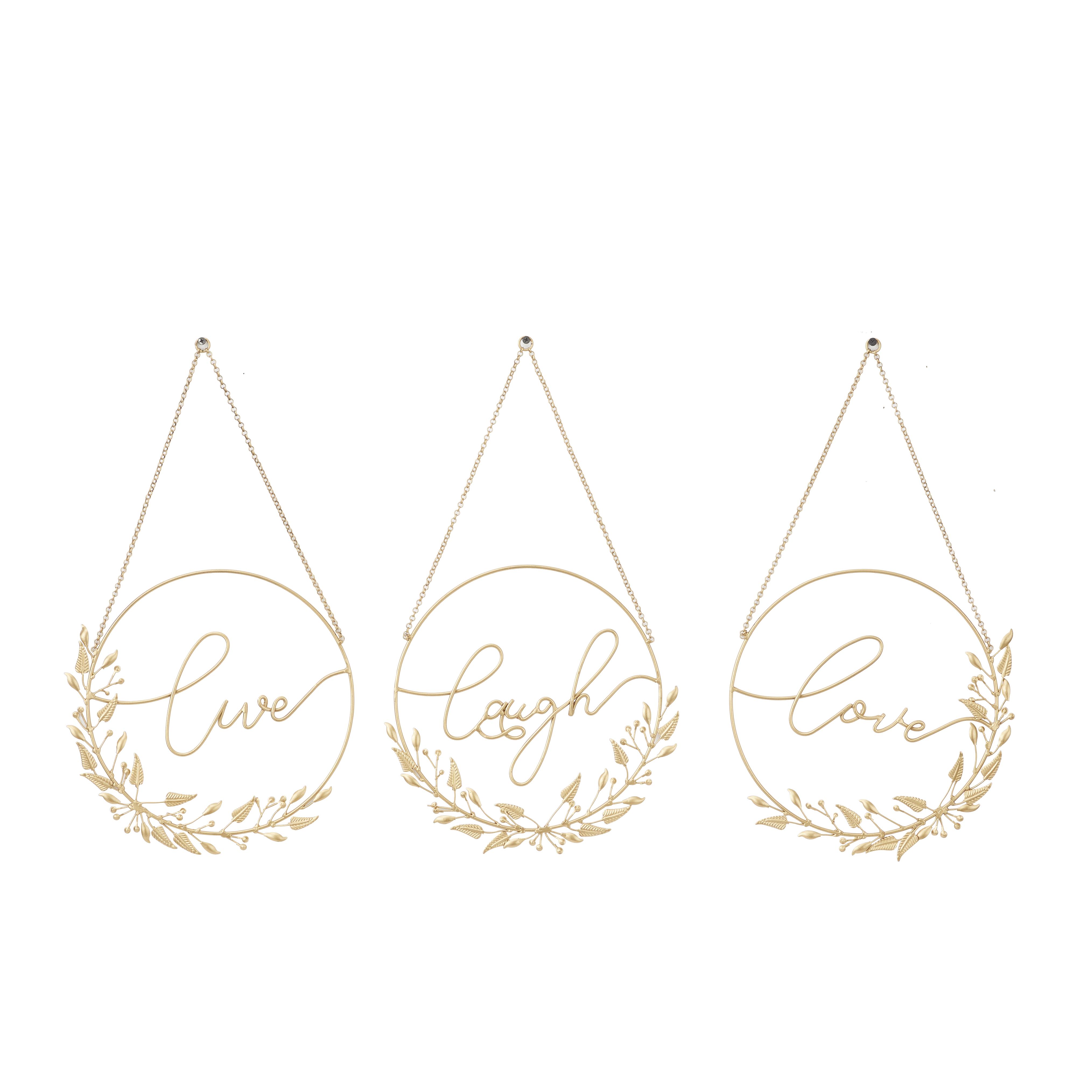 Gold Metal  Love, Laugh, Live Decorative Sign with Chain Hanger, Set of 3 12\"W, 21\"H (4 SETS OF 3)
