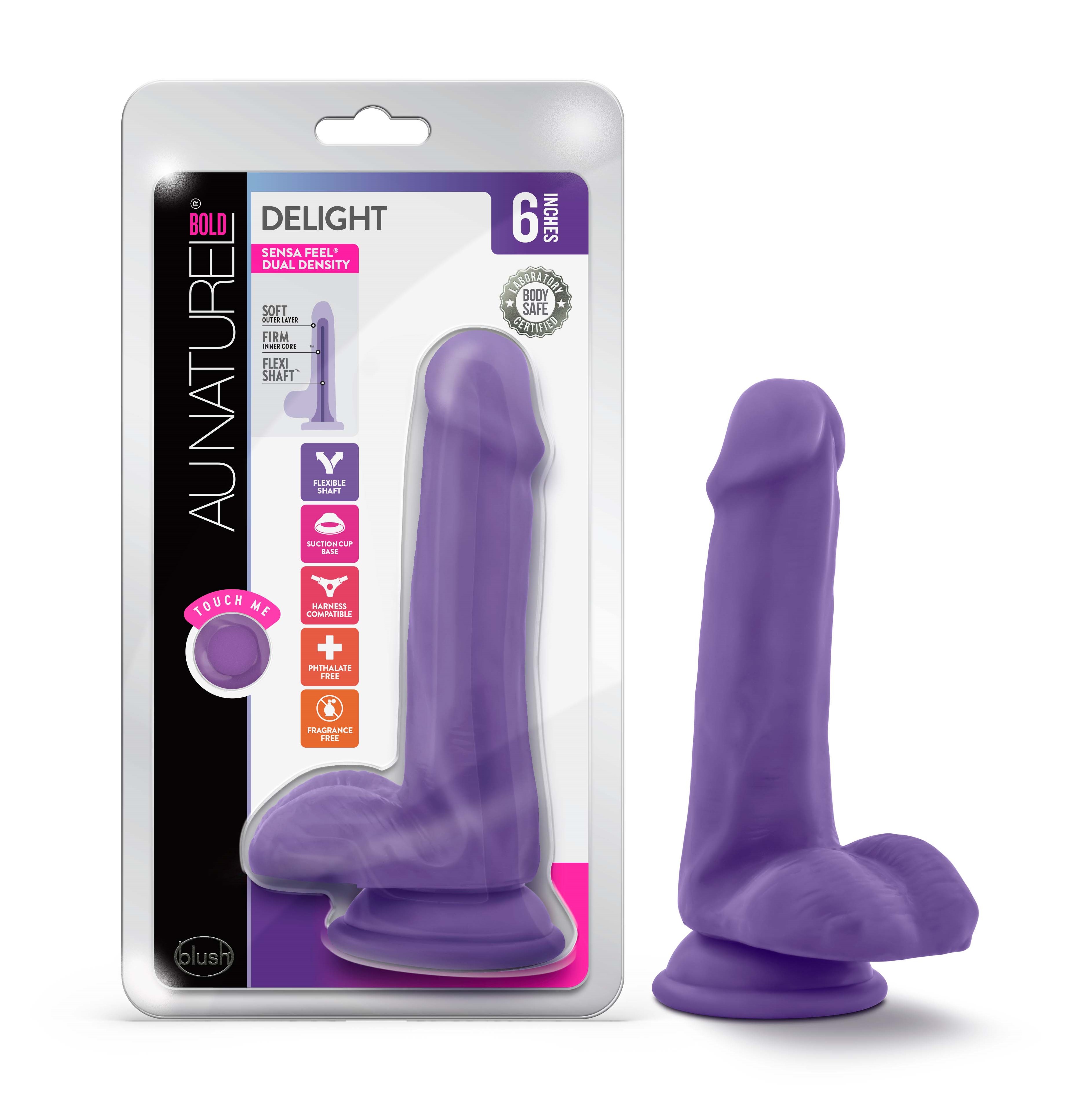 Blush Au Naturel Bold Delight Realistic Purple 6.5-Inch Long Dildo With Balls & Suction Cup Base