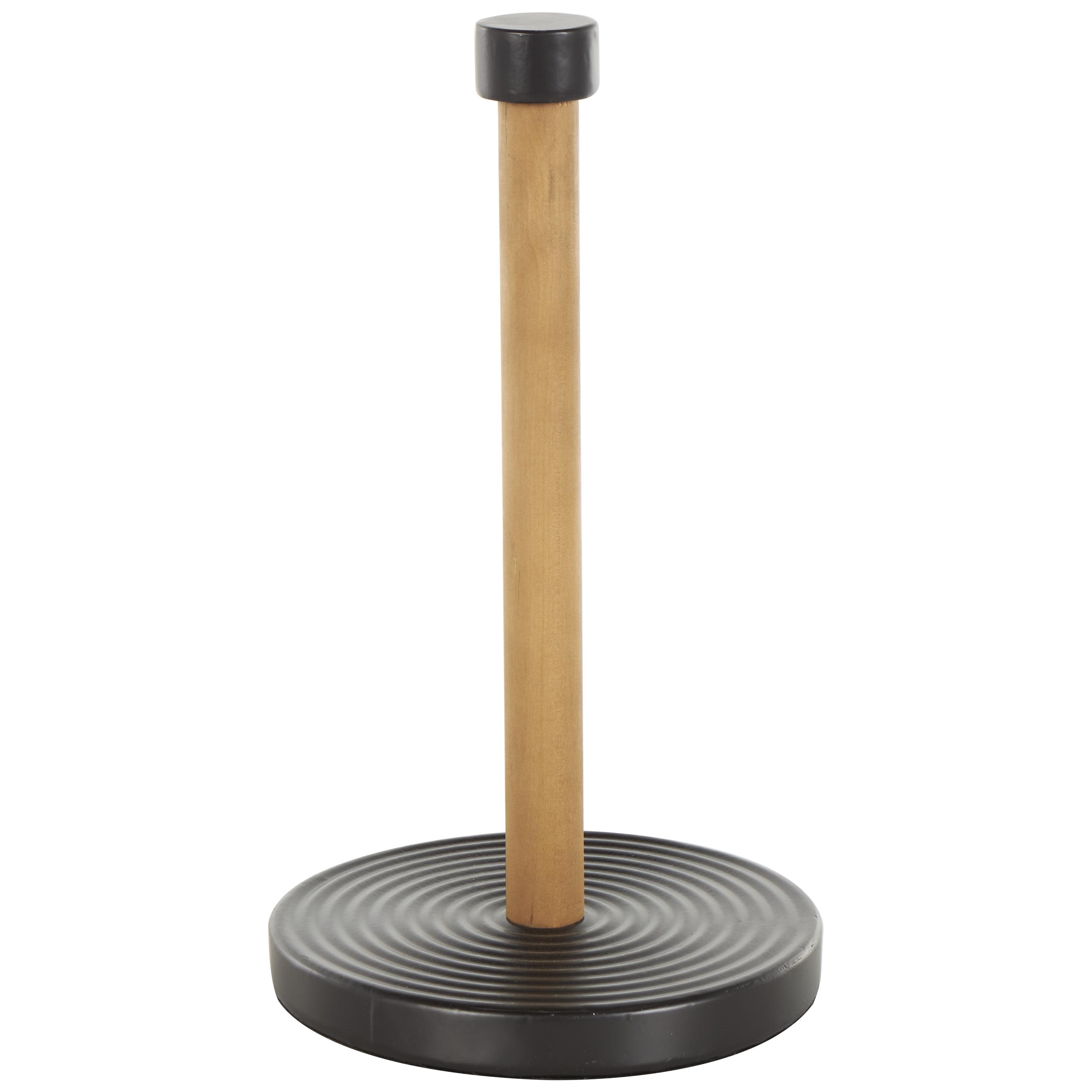 black metal  paper towel holder with brown wood post, 7" x 7" x 12"