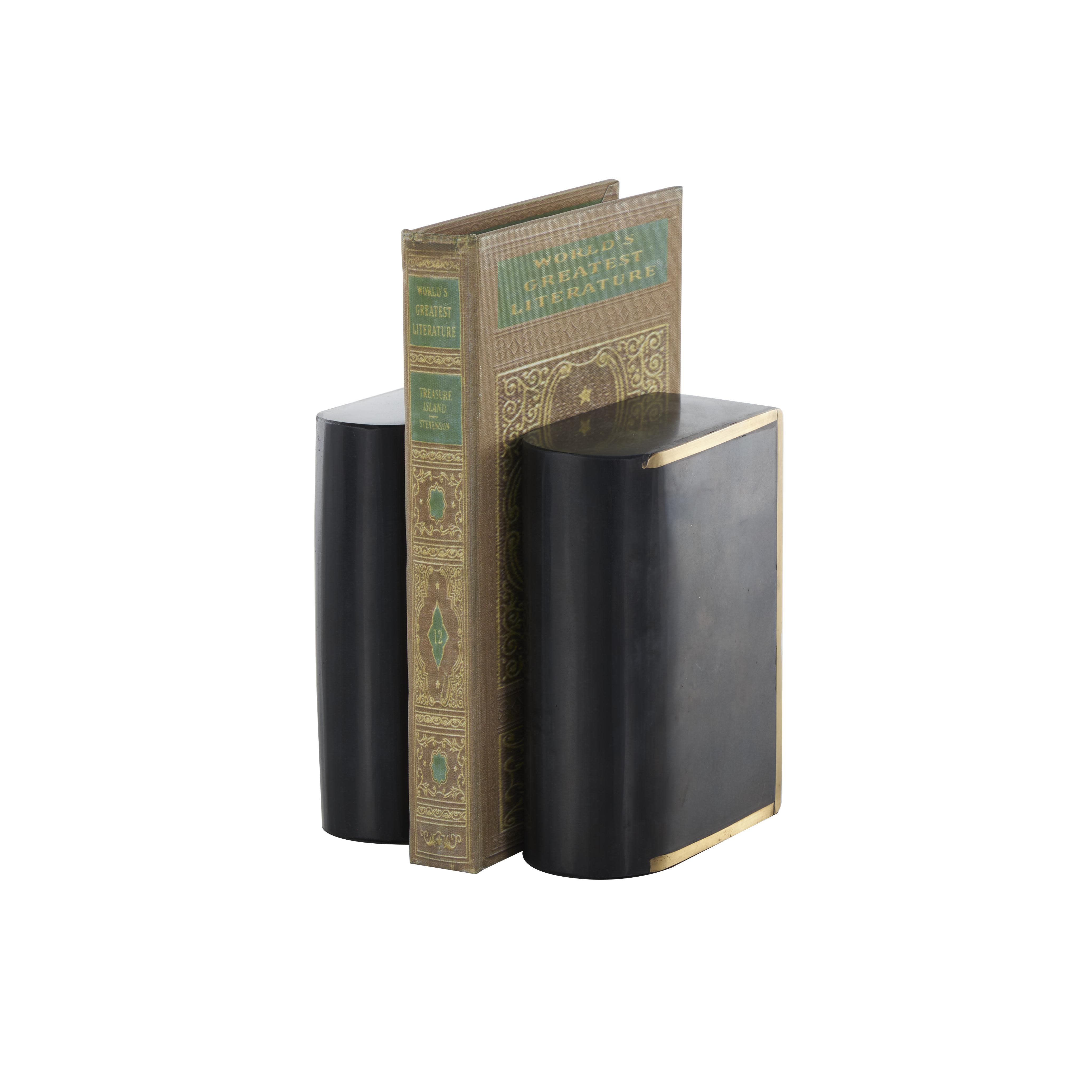 Black Marble  Curved Rectangular Decorative Bookends with Gold Accents, Set of 2 4"W, 6"H