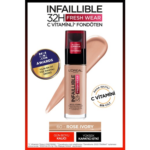 l'oréal paris infaillible 32h fresh wear c vitaminli fondöten - 60 rose ivory