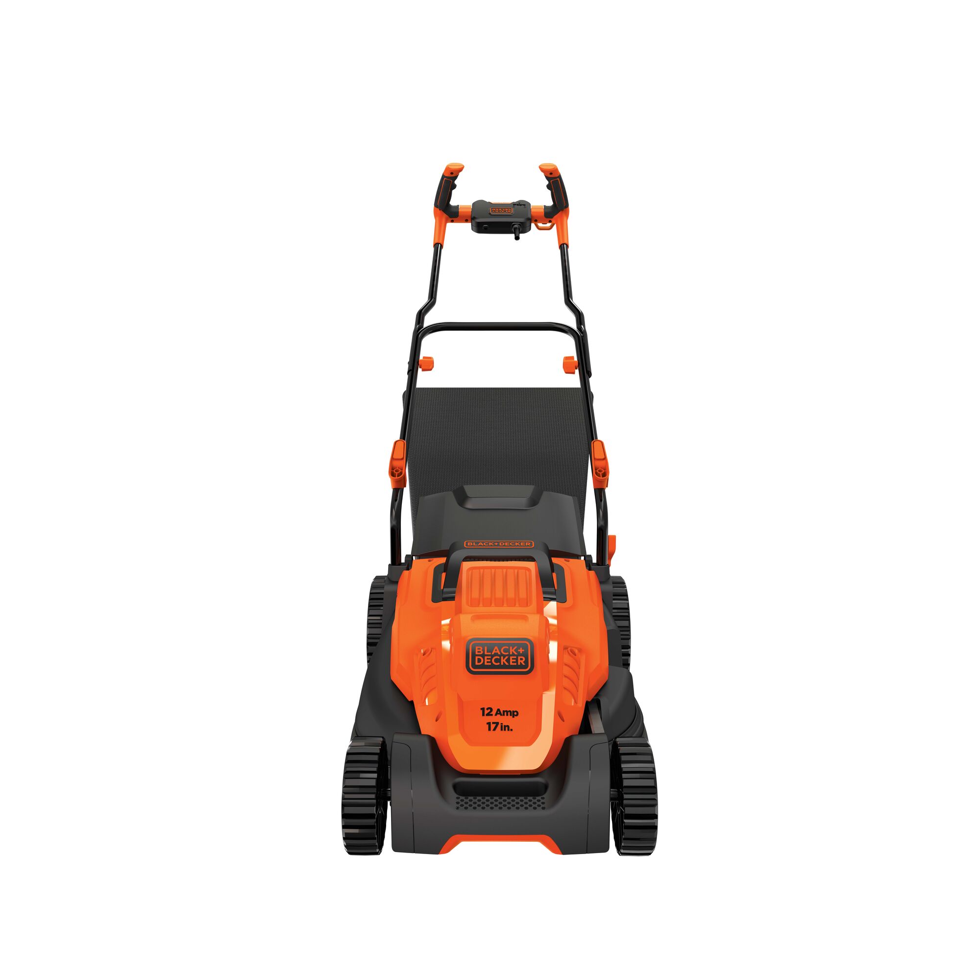 Front facing view of Black and decker 12 Amp 17 inch electric lawn mower with comfort grip handle.