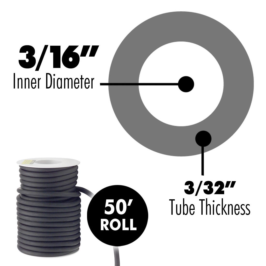 ACE Latex Rubber Tubing Black, 3/16" x 3/32"- 50' Roll