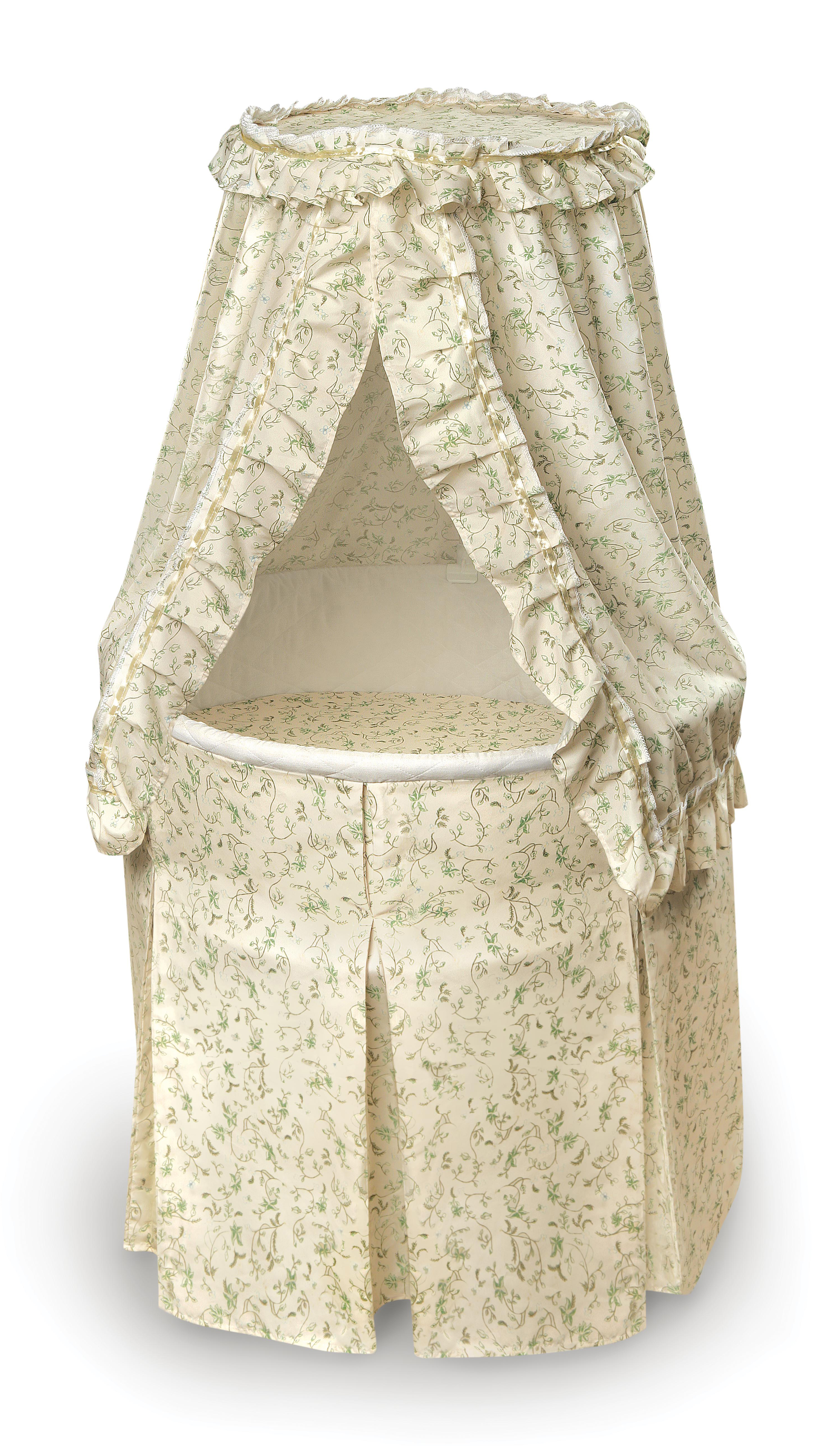 Empress Round Baby Bassinet with Canopy - Ecru and Leaf Print Bedding