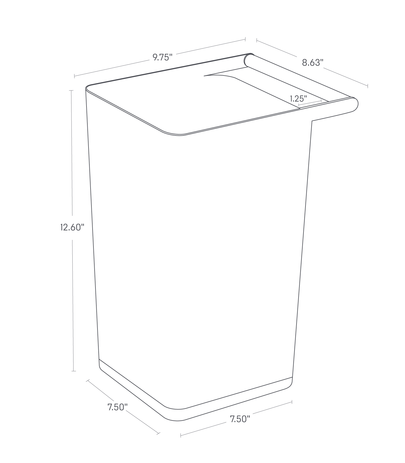 Dimension image for Trash Can showing a bottom length and width of 7.5" and height of 12.5". Top width of 9.75" and length of 8.63". Distance from handle to can is 1.26".