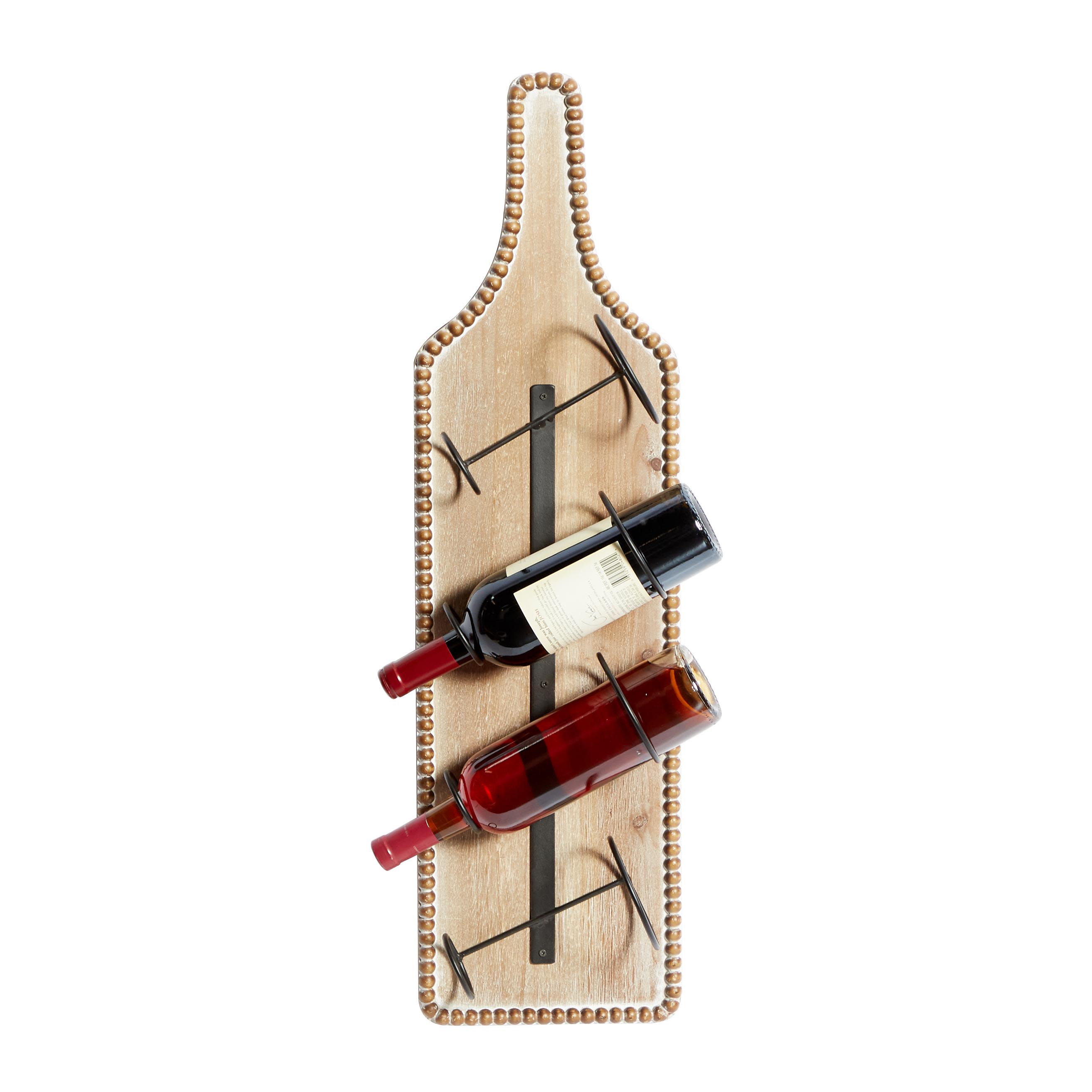 Brown Wood  Bottle Shaped 4 Bottle Wall Wine Rack with Beaded Frame, 9" x 5" x 32"