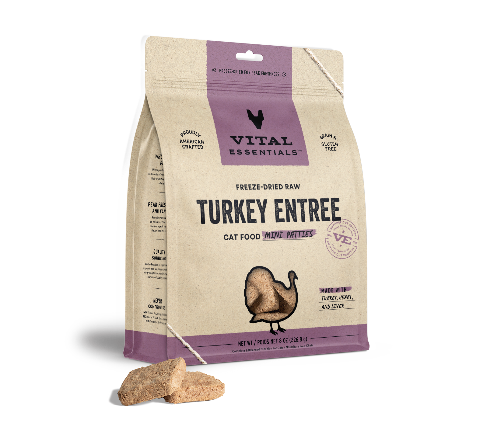 Vital Essentials Freeze-Dried Raw Turkey Entree Cat Food Mini Patties, 8 oz - Healing/First Aid