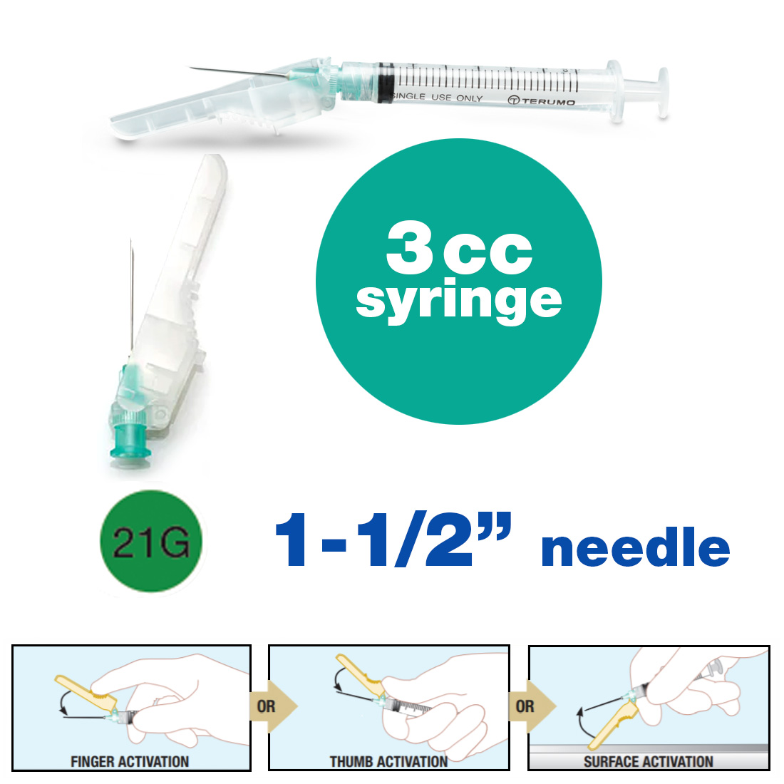 SurGuard® 3 Safety Hypodermic Needle, 3CC Syringe with 21G x 1 1/2" Needle - 100/Box