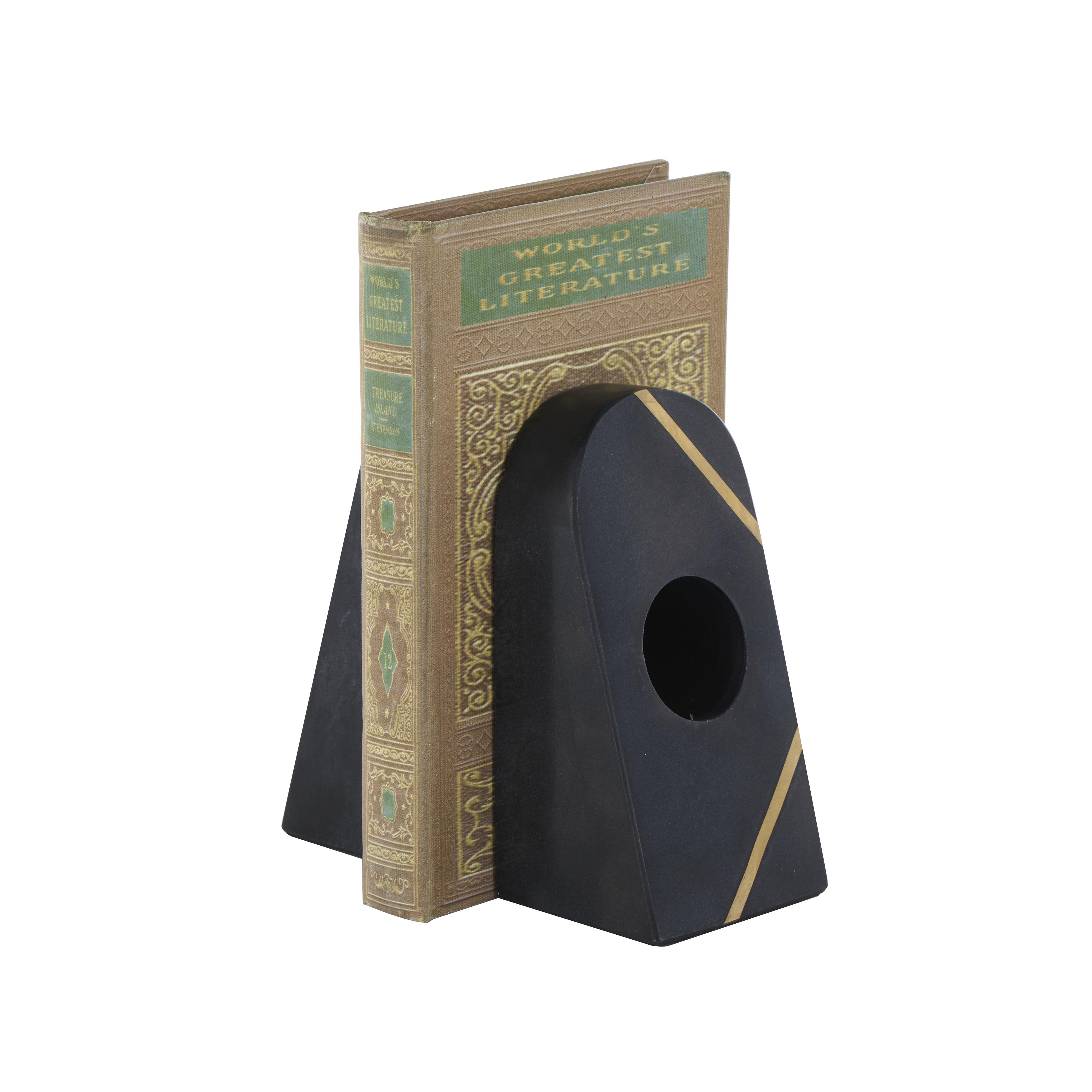 Black Marble Geometric Curved Pyramid Decorative Bookends with Diagonal Gold Stripes, Set of 2 3\"W, 6\"H(4 pairs)