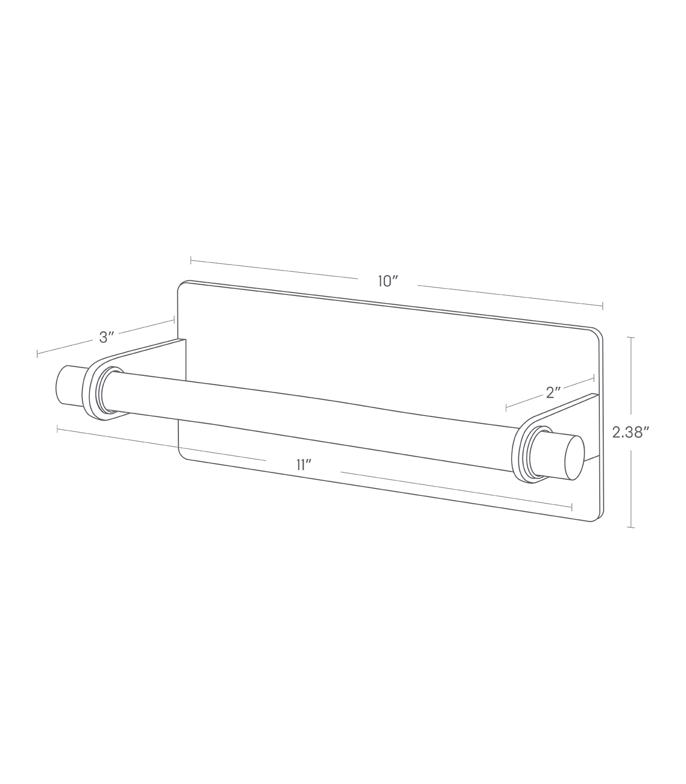 Dimension image for Magnetic Kitchen Towel Hanger showing height of 2.38", length of 3", width of 10" and 11" for a wooden bar