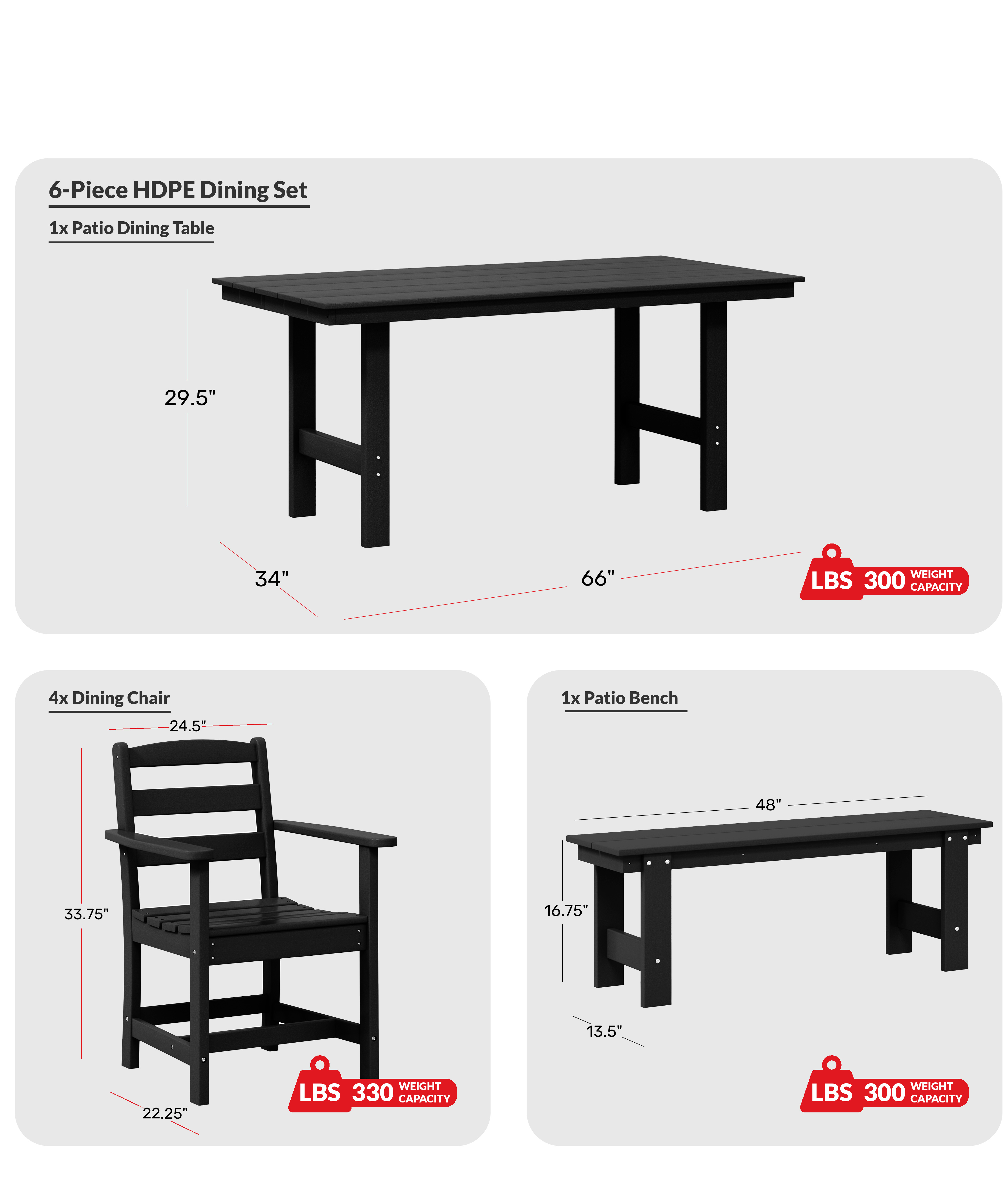 6-Piece Outdoor HDPE Patio Dining Table Set with BenchCOS Spec Image
