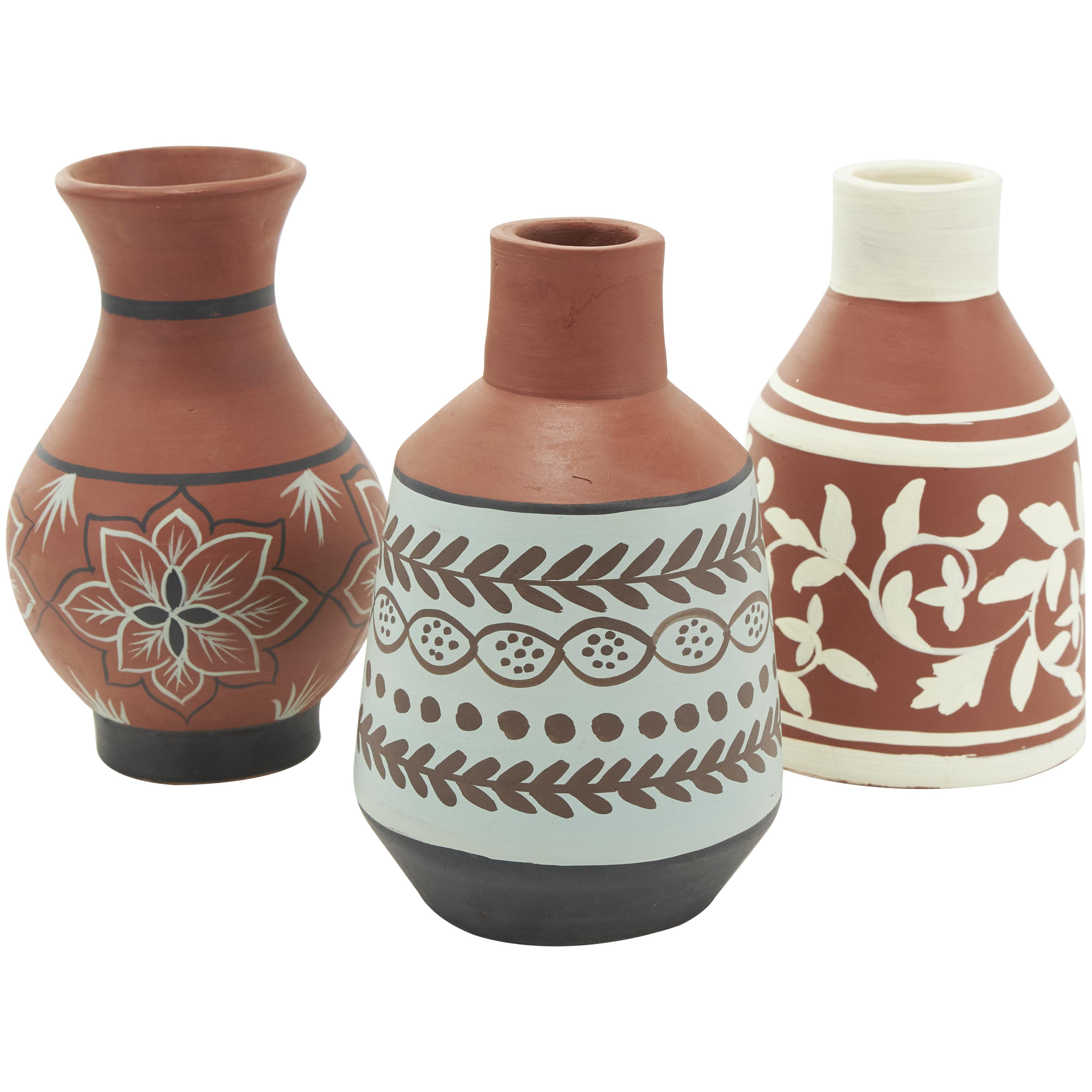 Orange Ceramic Floral Decorative Vase with 3 Different Patterns and Shapes, Set of 3 5"W, 8"H