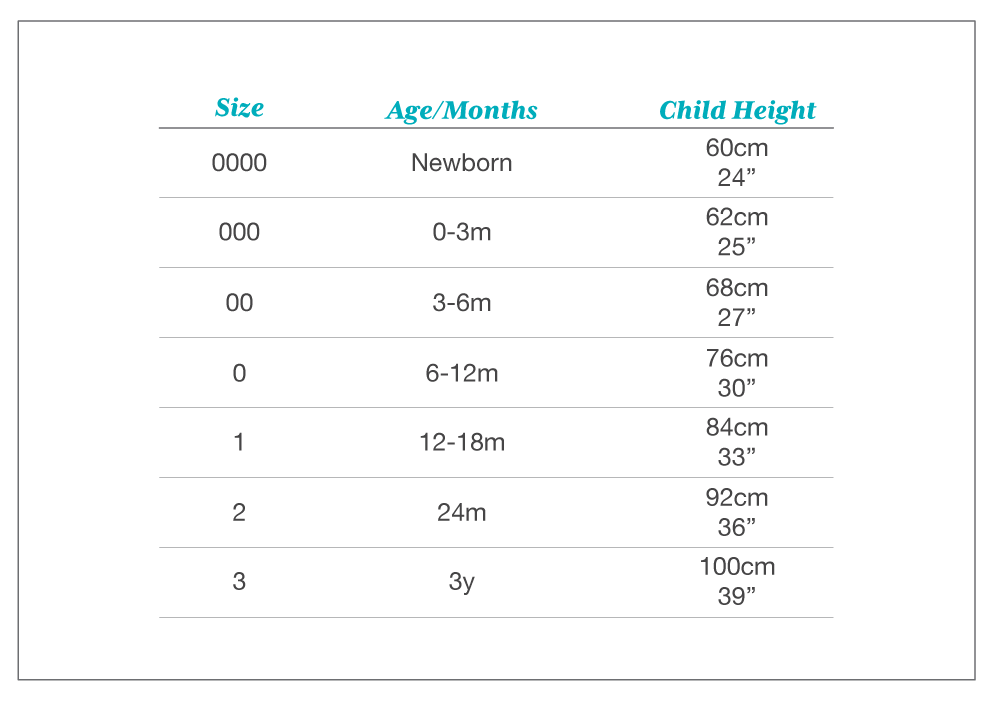 Product Size & Care Chart