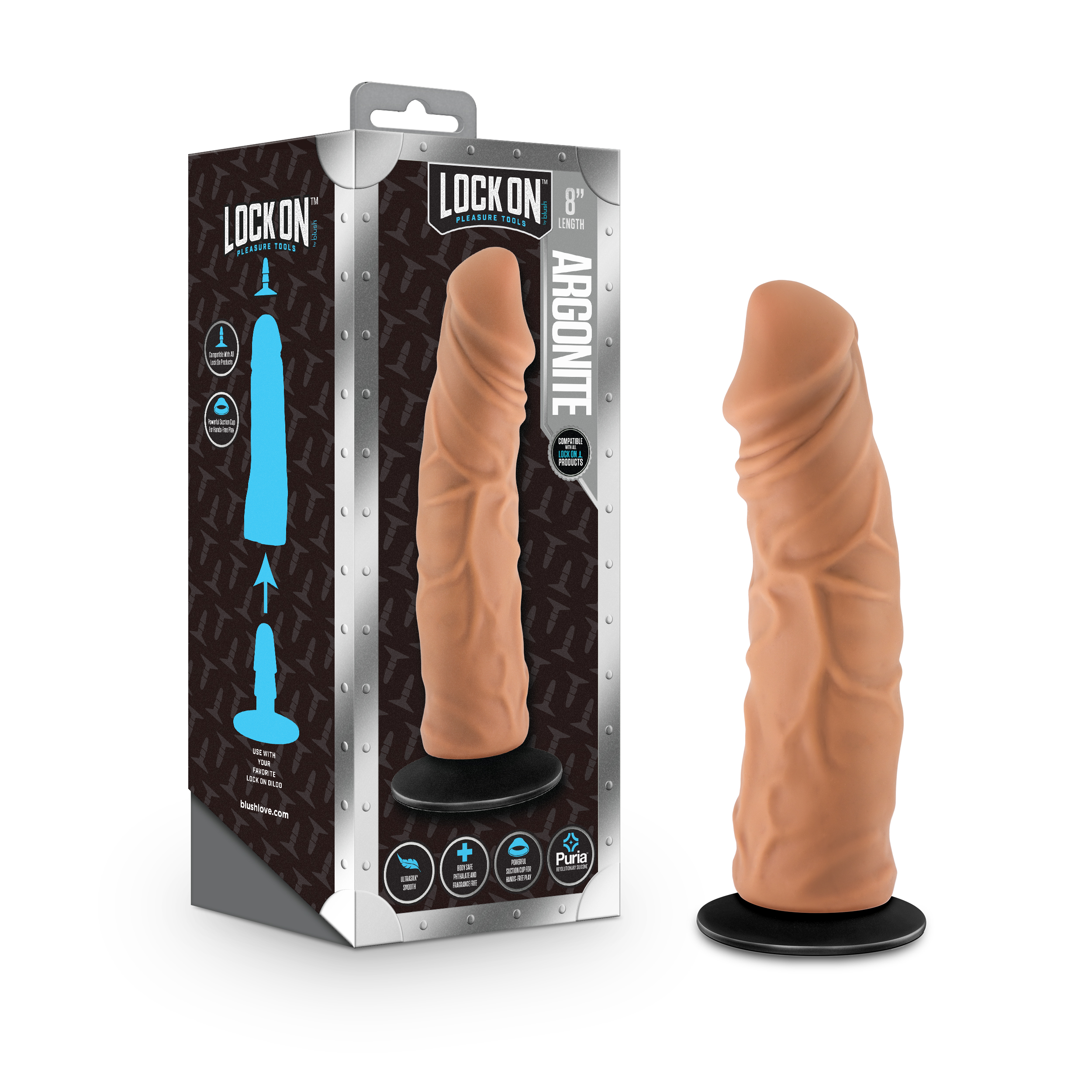 Blush Lock On Argonite Realistic Mocha 7.75-Inch Long Dildo With Suction Cup Adapter & Handle