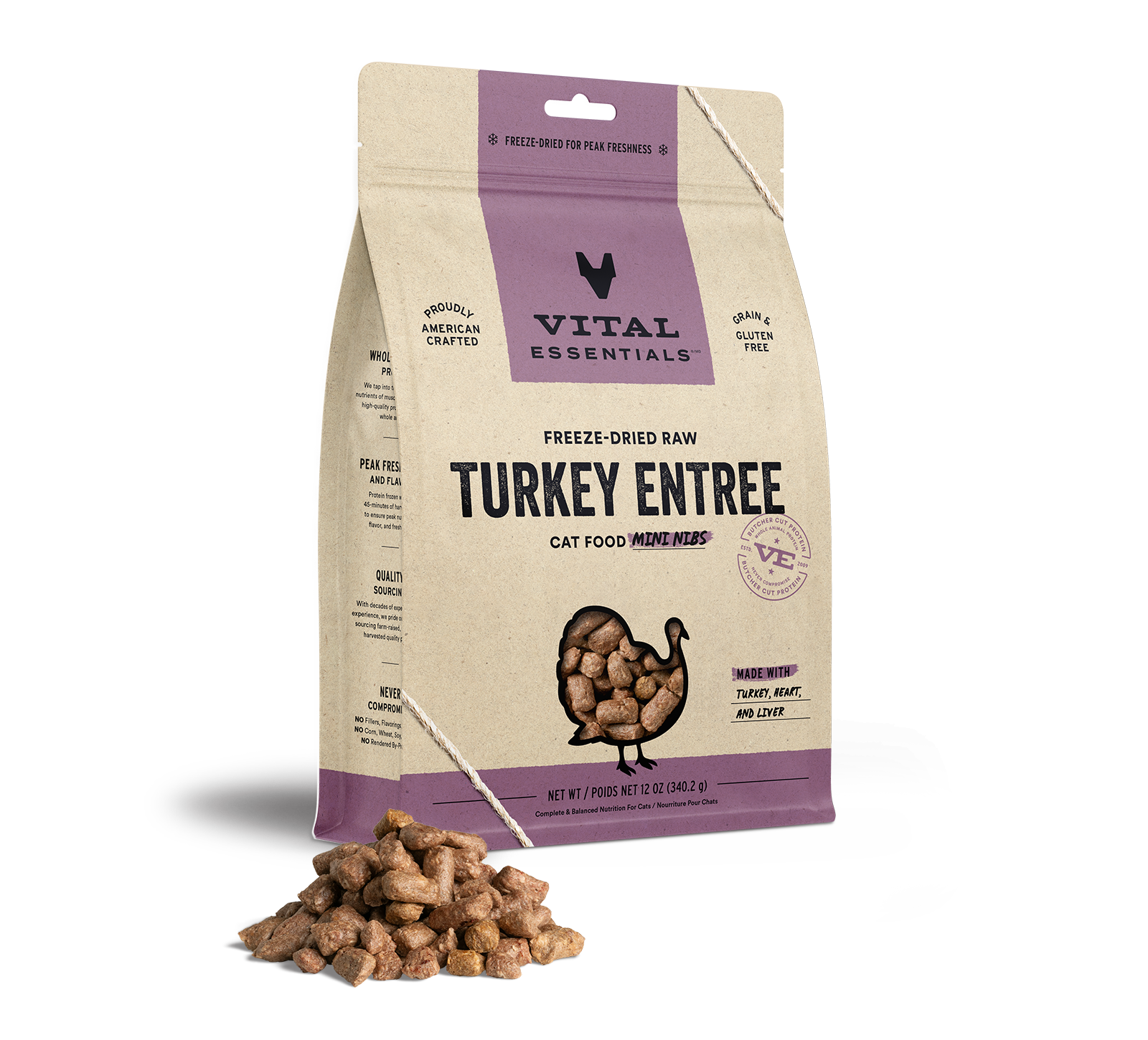 Vital Essentials Freeze-Dried Raw Turkey Entree Cat Food Mini Nibs, 12 oz - Food