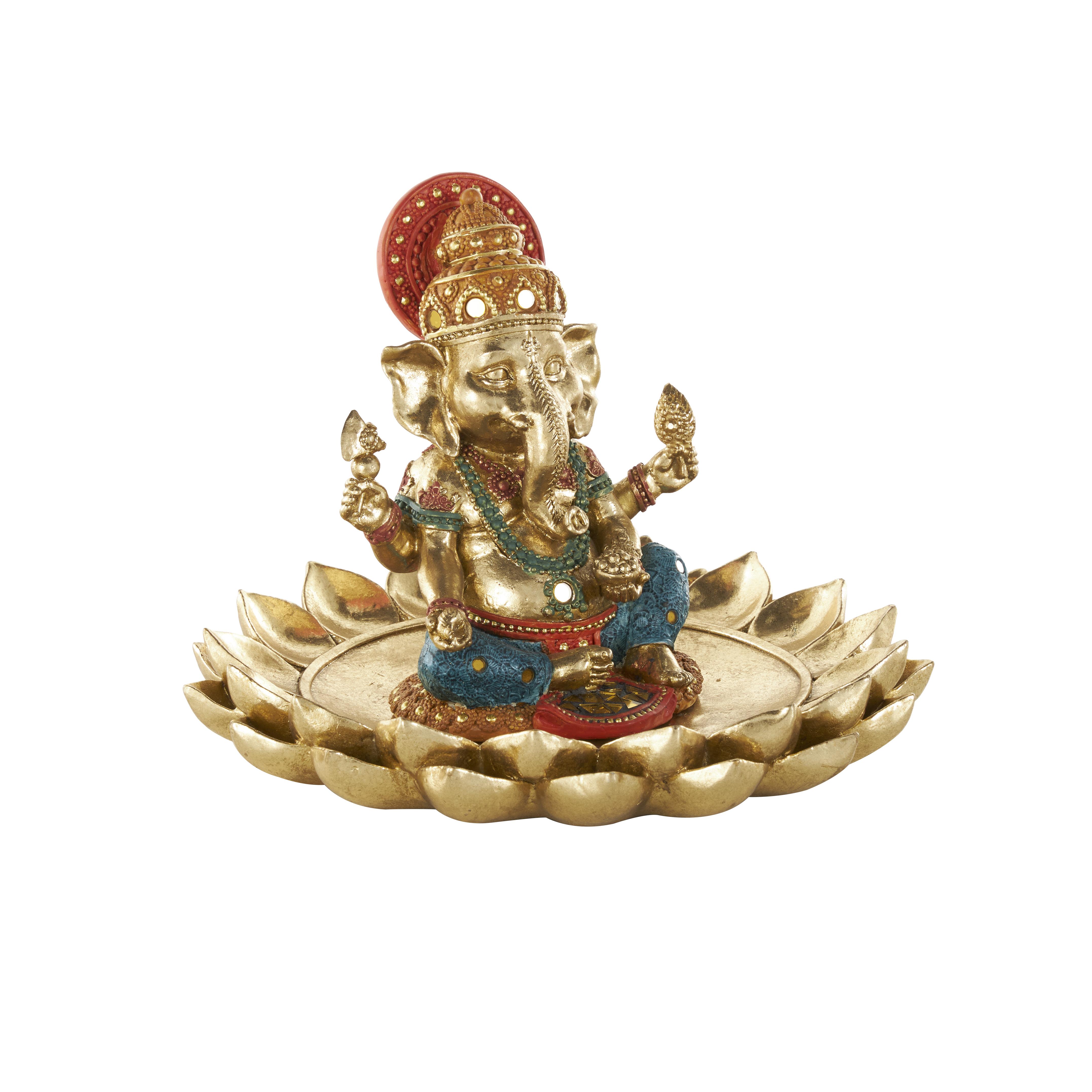 Gold Resin Ganesh Decorative Sculpture with Lotus Plate and Colorful Dresswear, 10\" x 10\" x 7\" (3 pieces)