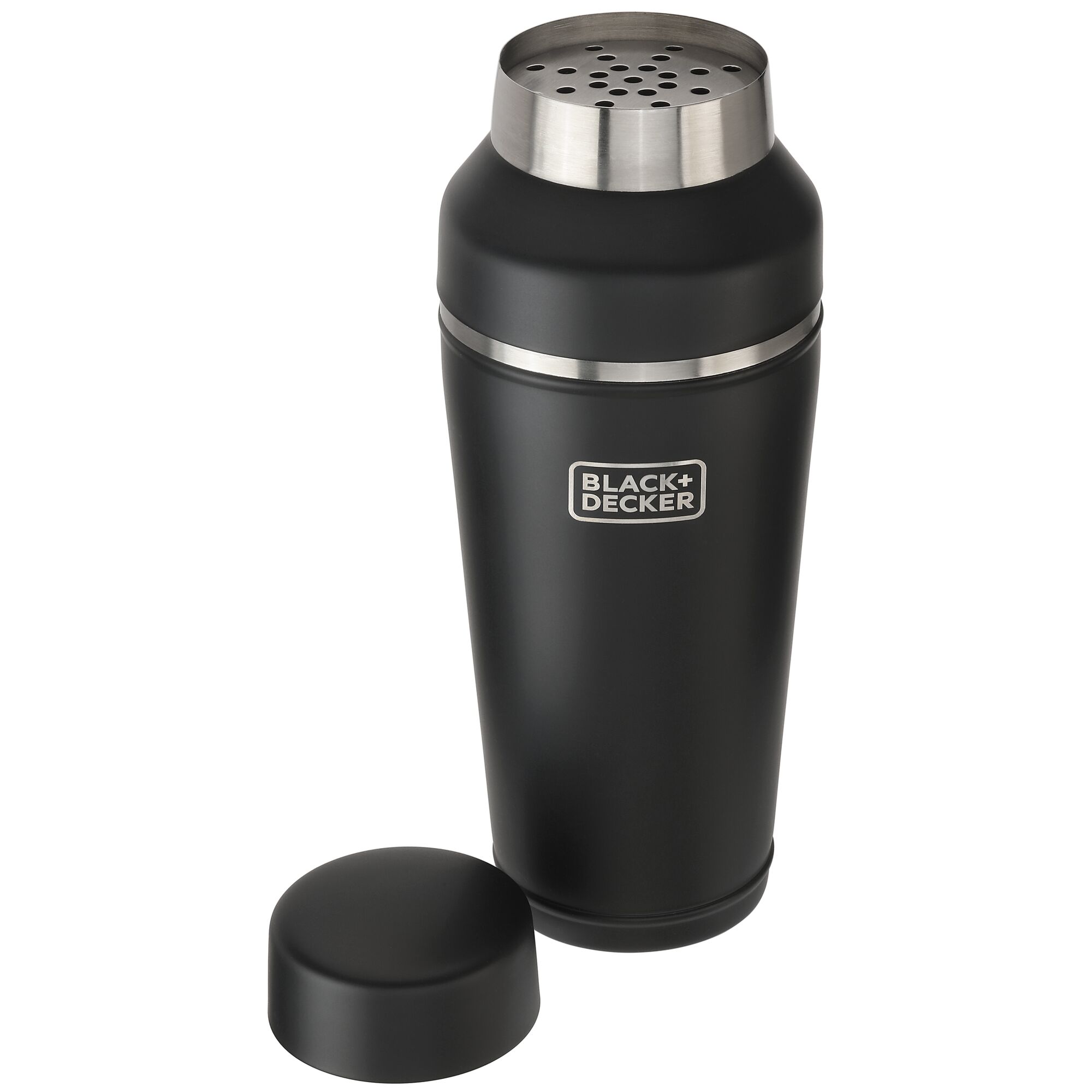 front view of BLACK+DECKER matte black and stainless cocktail shaker with cap off so strainer is visible