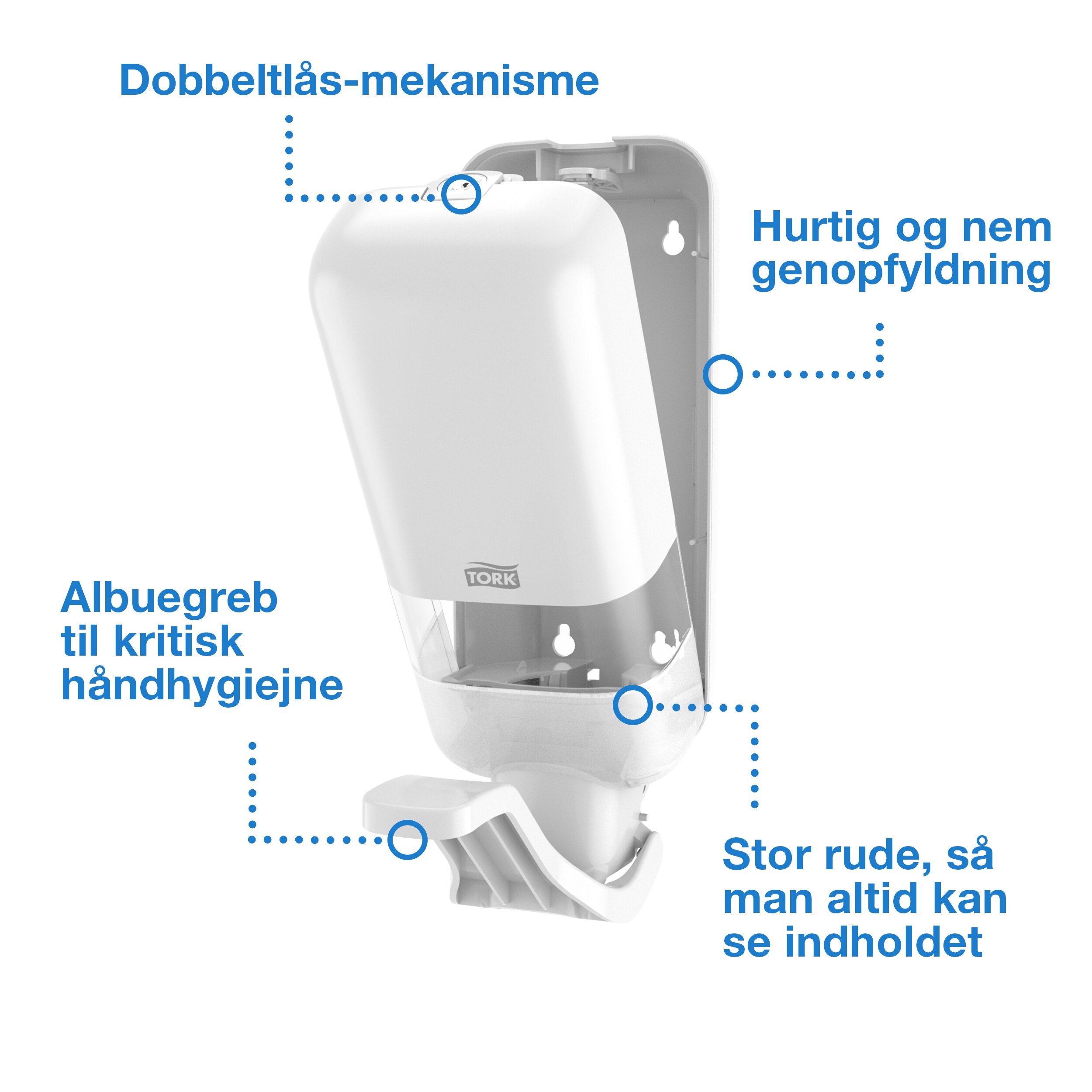 Dispenser, Til sæbe og hånddesinfektion, Albue, Hvid, 1000 ml refill, Tork S4