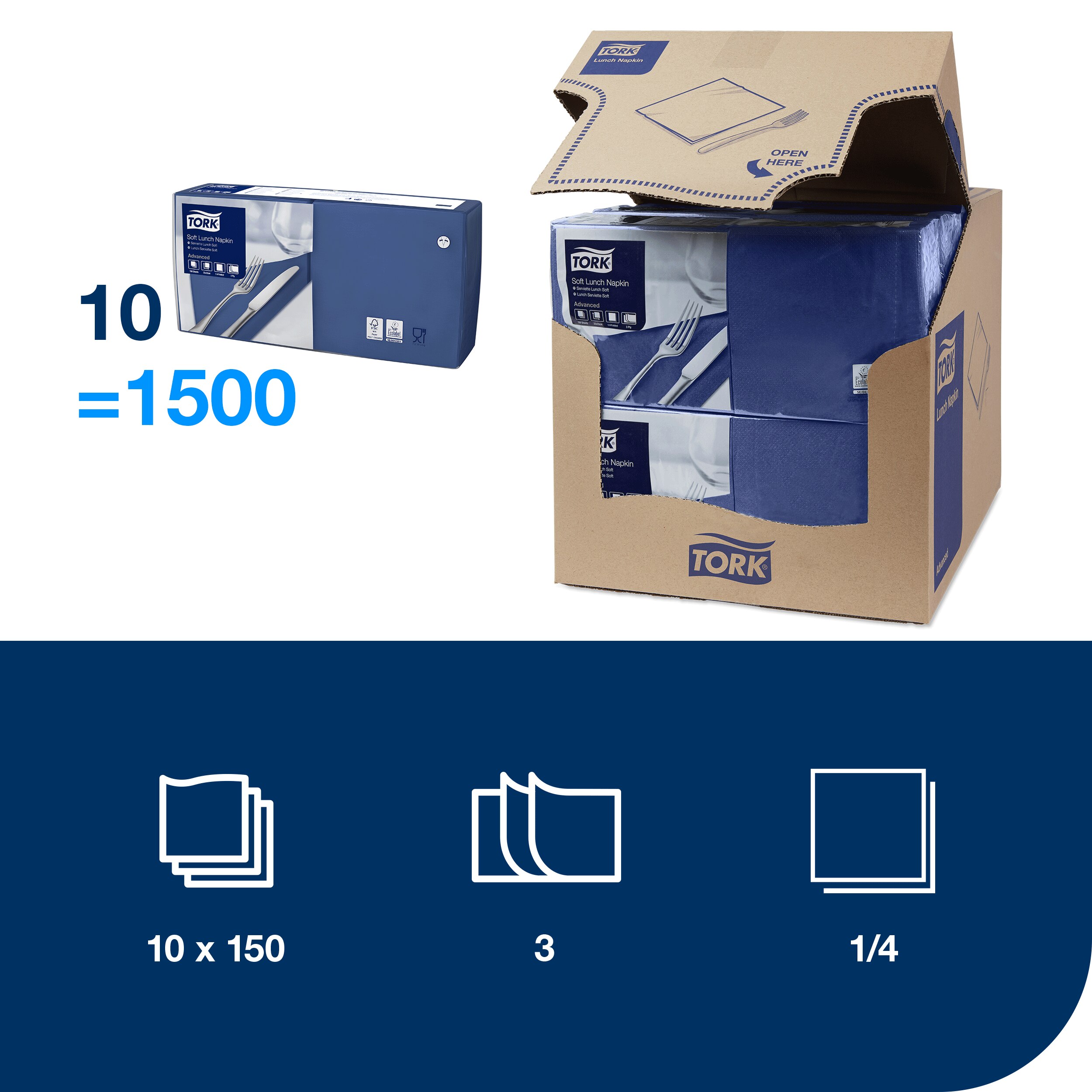 Servietter, 3 lag, Mørkeblå, 33x33 cm, 1500 stk, Tork Advanced