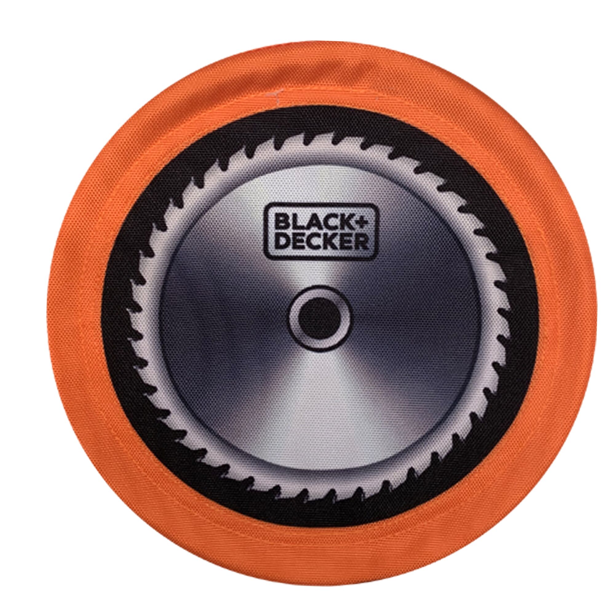 BLACK+DECKER orange and black colored dog toy in shape of a circular saw blade