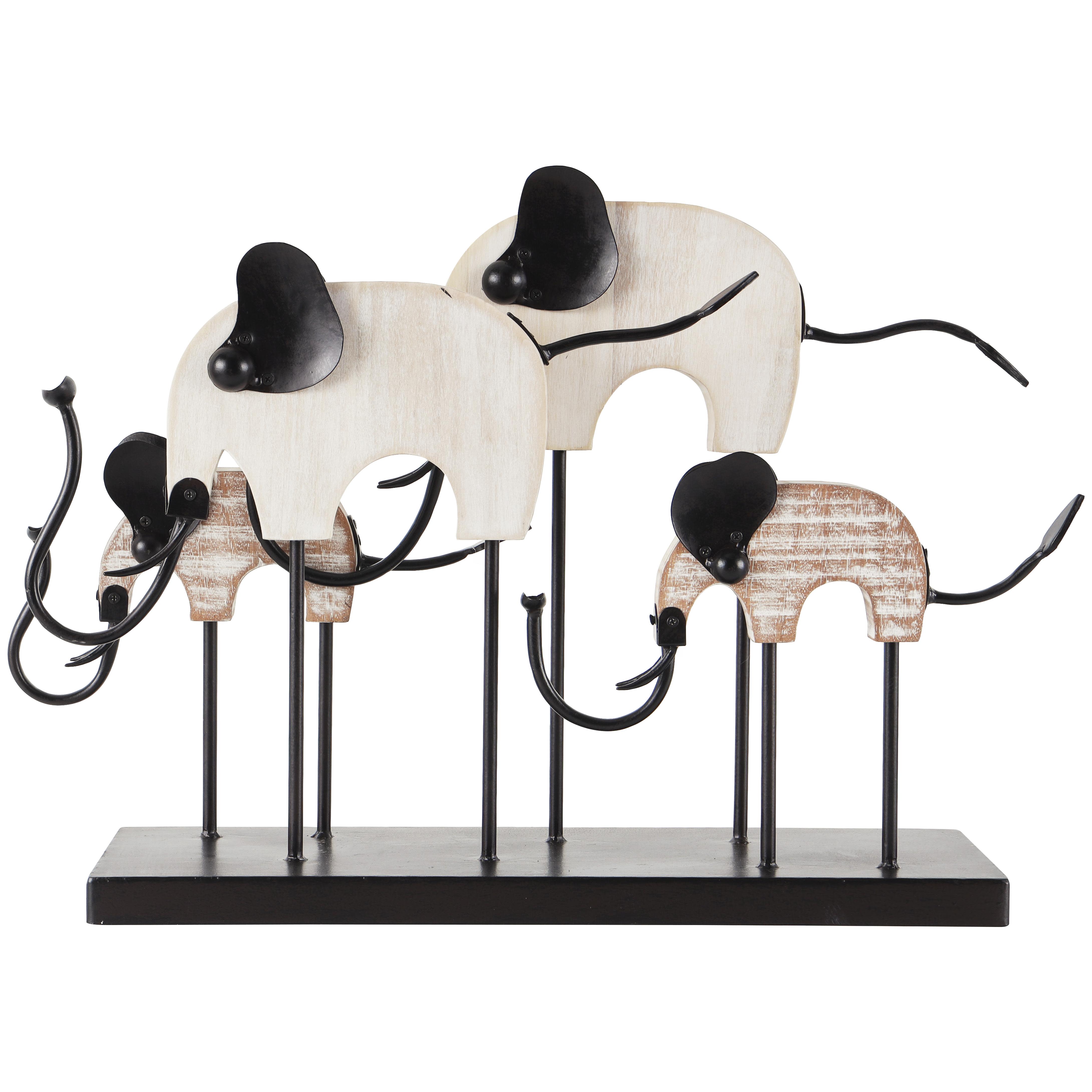 Black Metal Elephant Overlapping Decorative Sculpture with Wood Accents, 23" x 6" x 16"