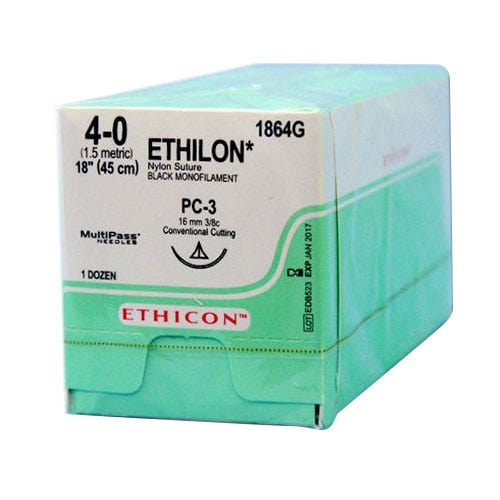 ETHILON® Nylon Black Monofilament Sutures, 4-0, PC-3, 18", 12/Box