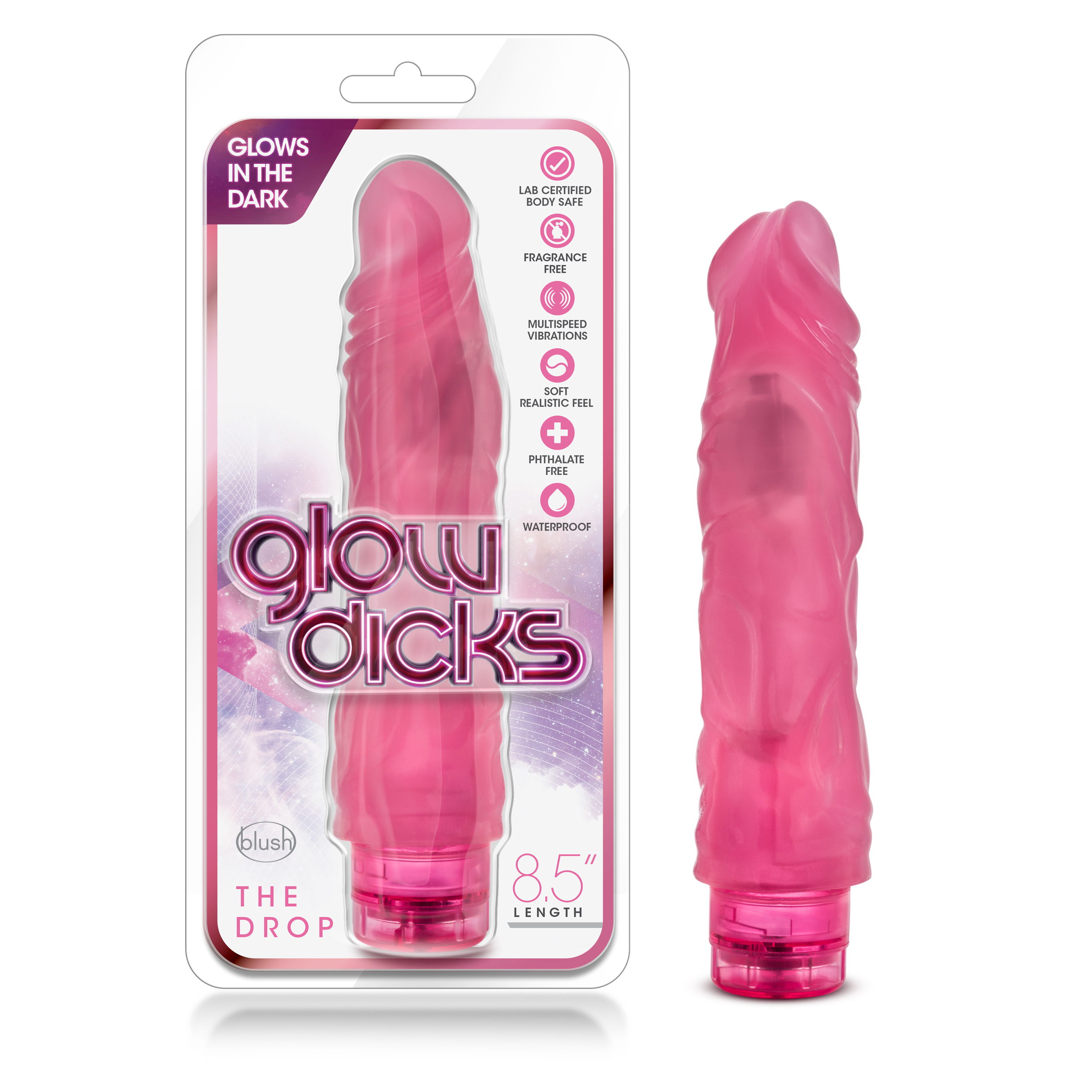 Blush Glow Dicks The Drop Realistic Pink 9-Inch Long Vibrating Dildo