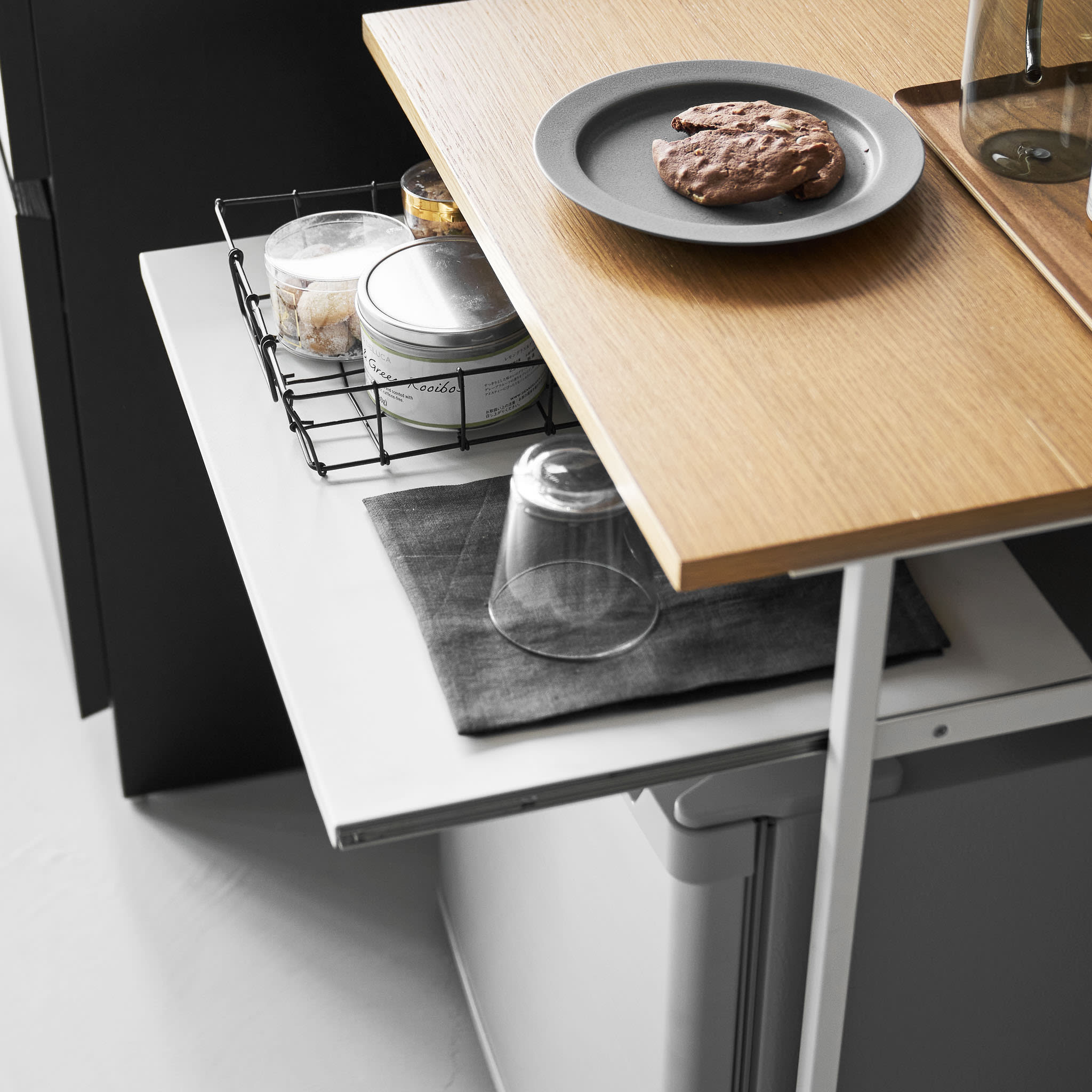 Wood-Top Table with Sliding Shelf : Extendable Shelf