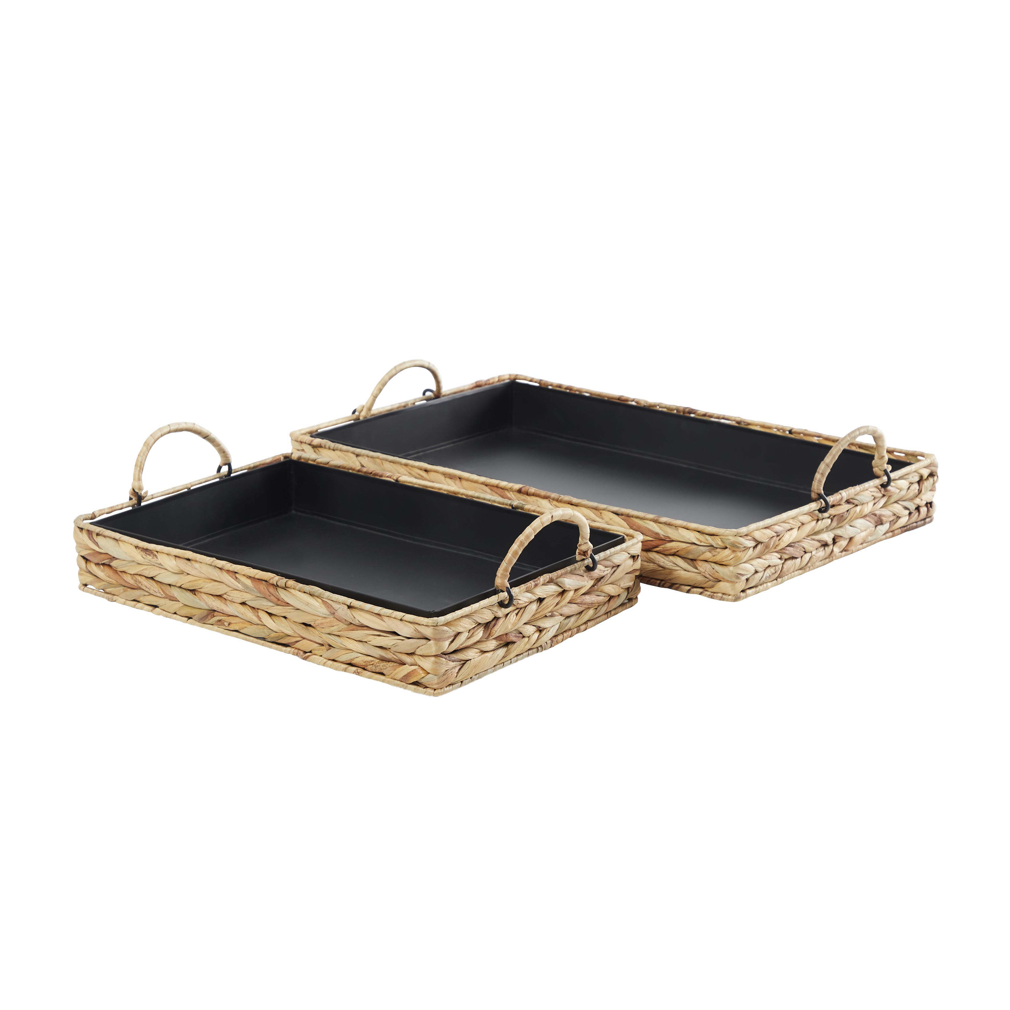 Light Brown Seagrass  Handmade Nesting Living Room Decor Tray with Black Wood Interiors, Set of 2 20", 16"W