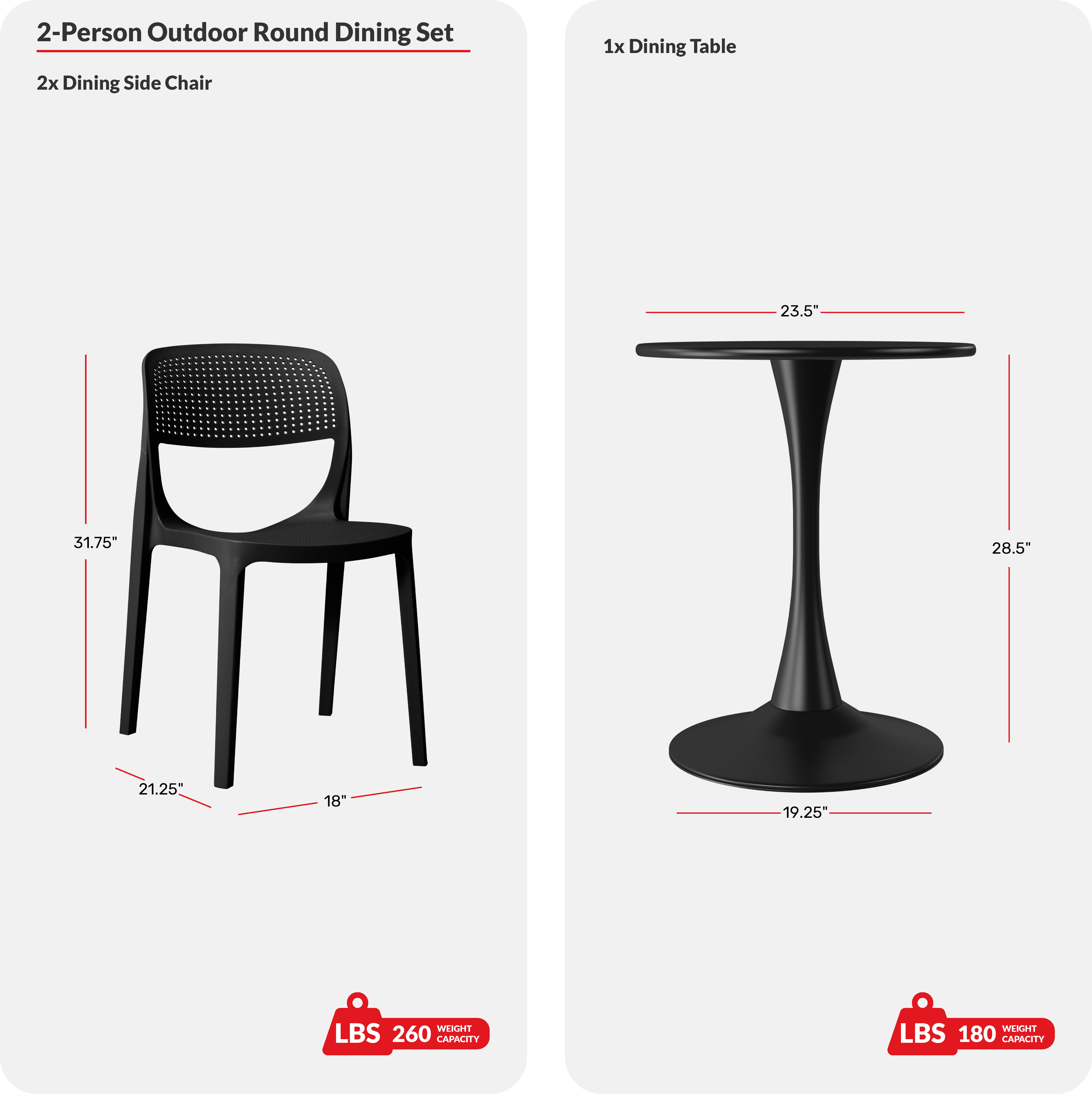 3-Piece Round Metal Bistro Dining Table Set And Stackable Resin Patio Dining Side Chairs COS Spec Image
