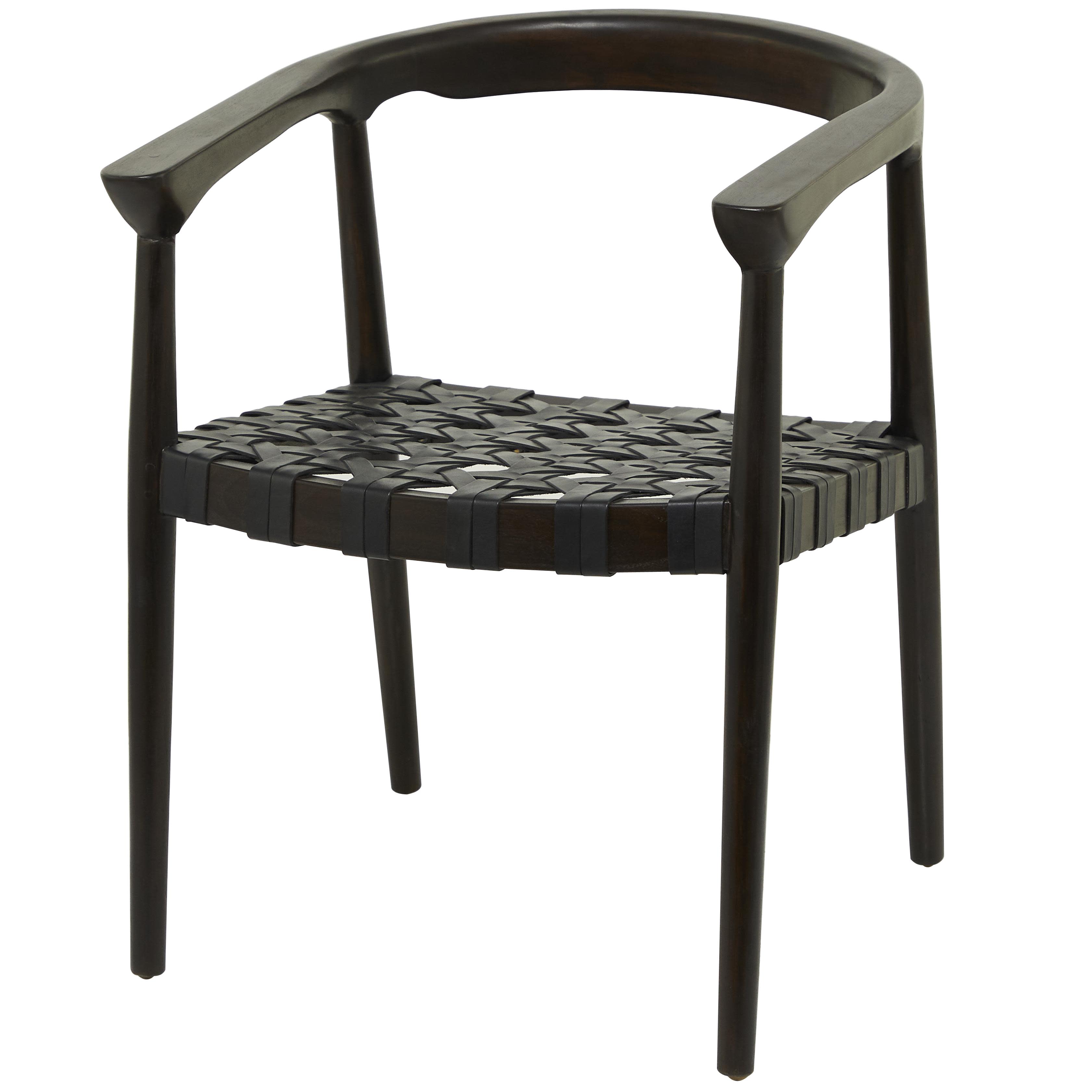 Dark Brown Teak Wood Handmade Woven Dining Chair with Armrests, 22" x 22" x 30"