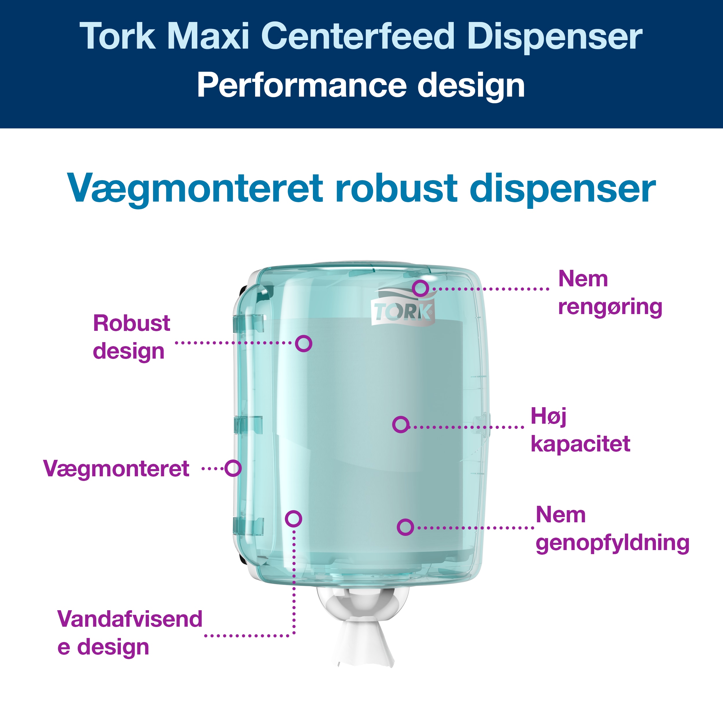 Aftørringsdispenser, Til aftørringsruller, Centerfeed, Turkis-hvid, Tork Performance Maxi W2