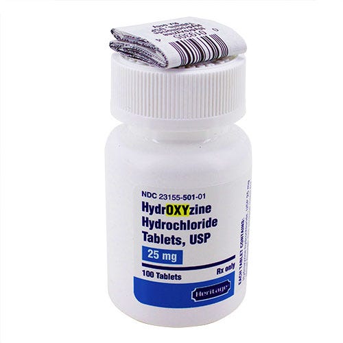Hydroxyzine HCl 25mg, 100 Count Tablets - 100/Bottle