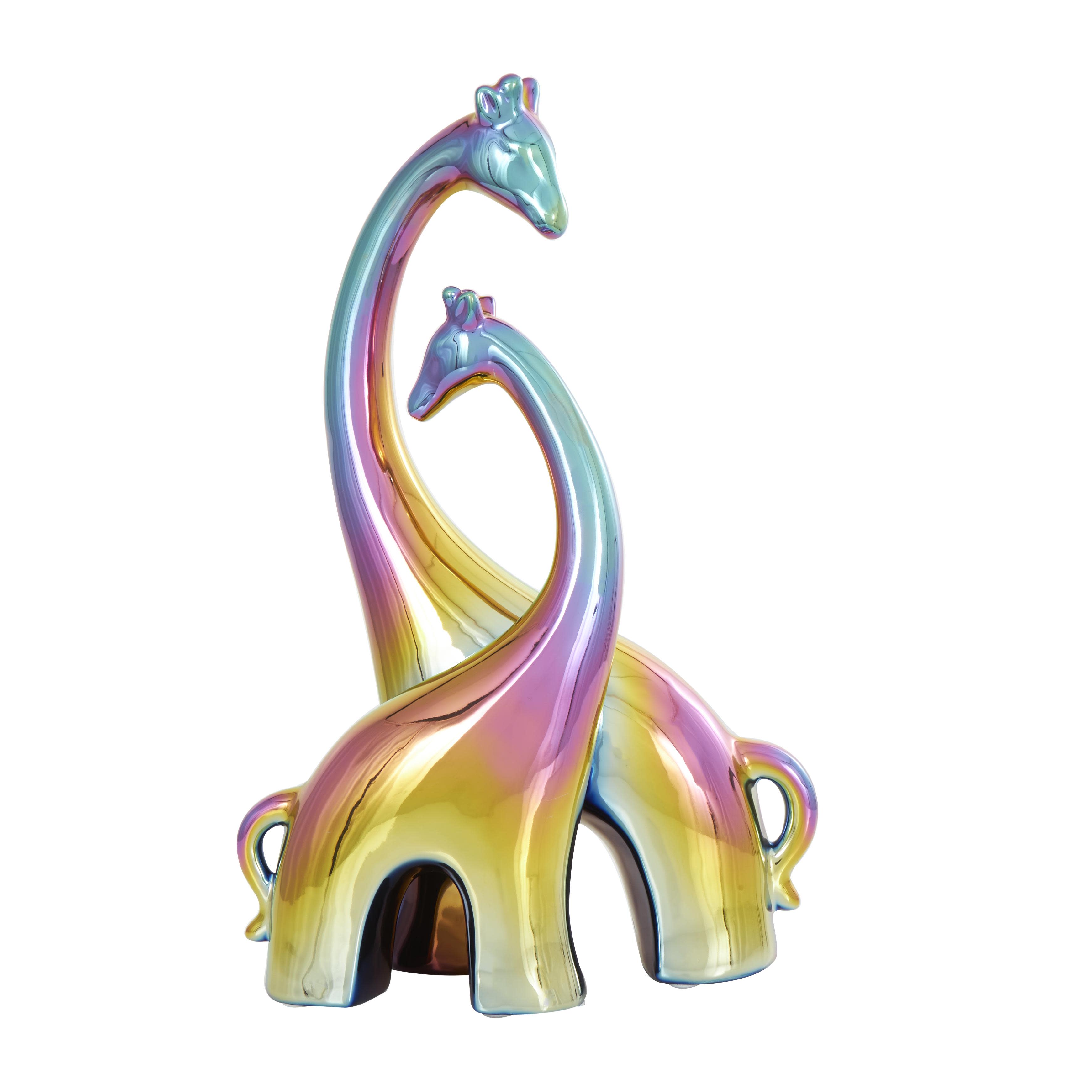 Multi Colored Ceramic Giraffe Decorative Sculpture with Rainbow Shimmer Finish, 9\" x 5\" x 15\" set of 6