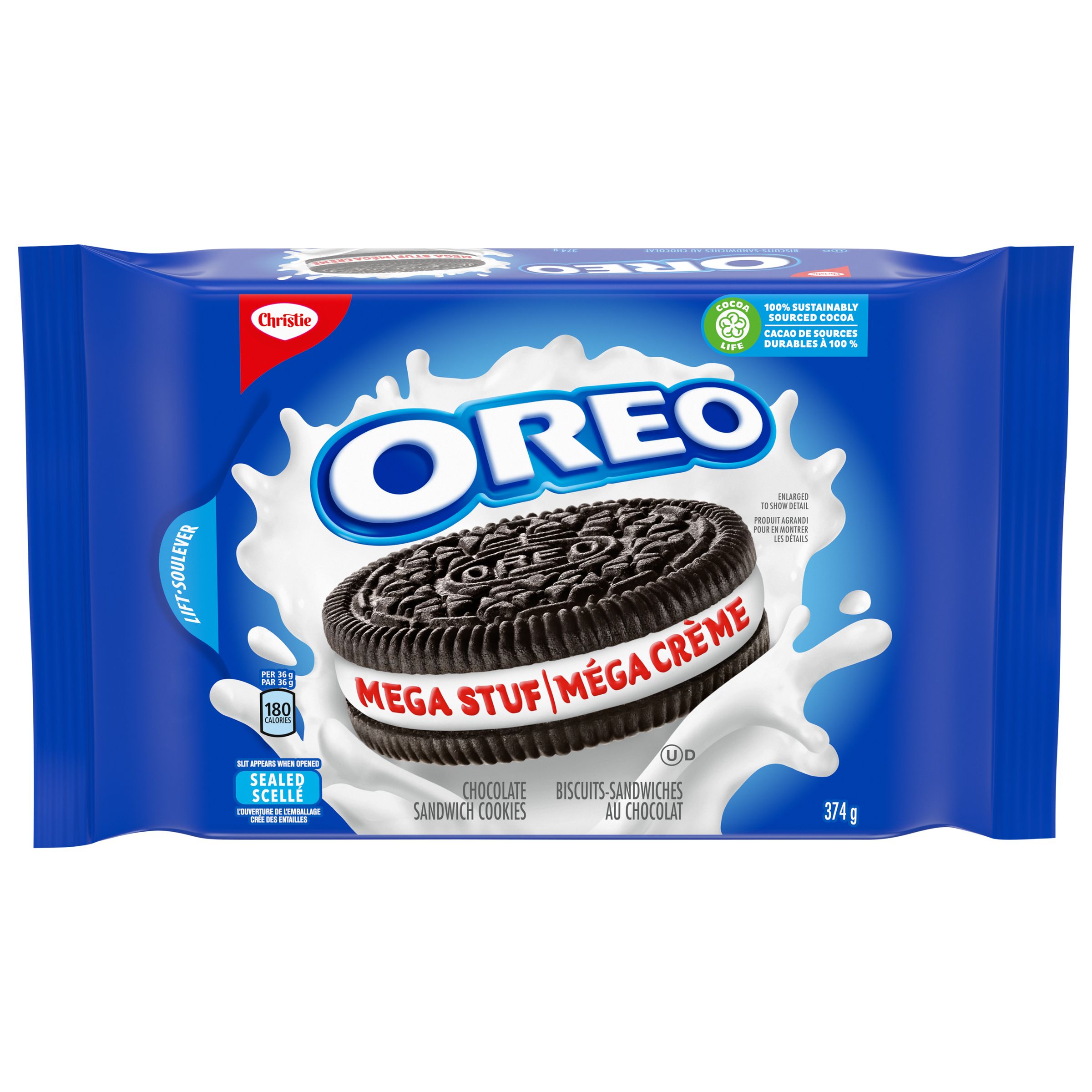 Biscuits-sandwiches OREO Méga crème, 1 emballage refermable de 374 g