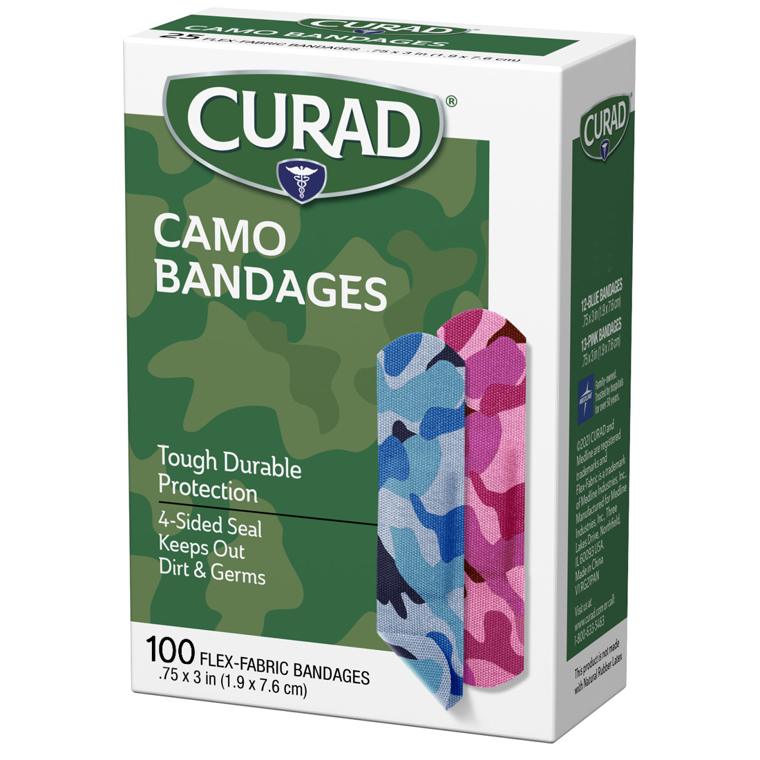 Curad® Fabric Adhesive Bandages, Pink Camoflauge & Blue Camoflauge, 3/4" x 3" - 100/Box