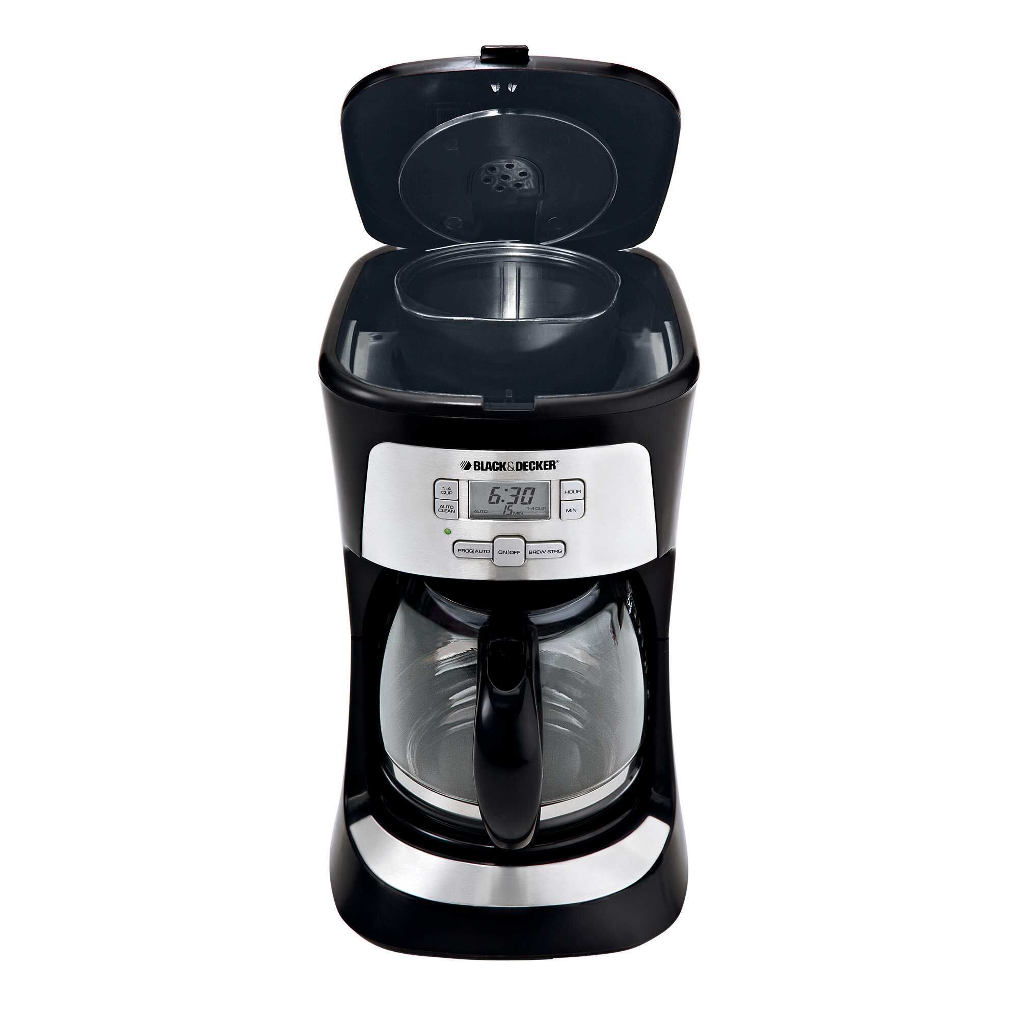 Profile of 12 Cup Programmable Coffee Maker with lid open.