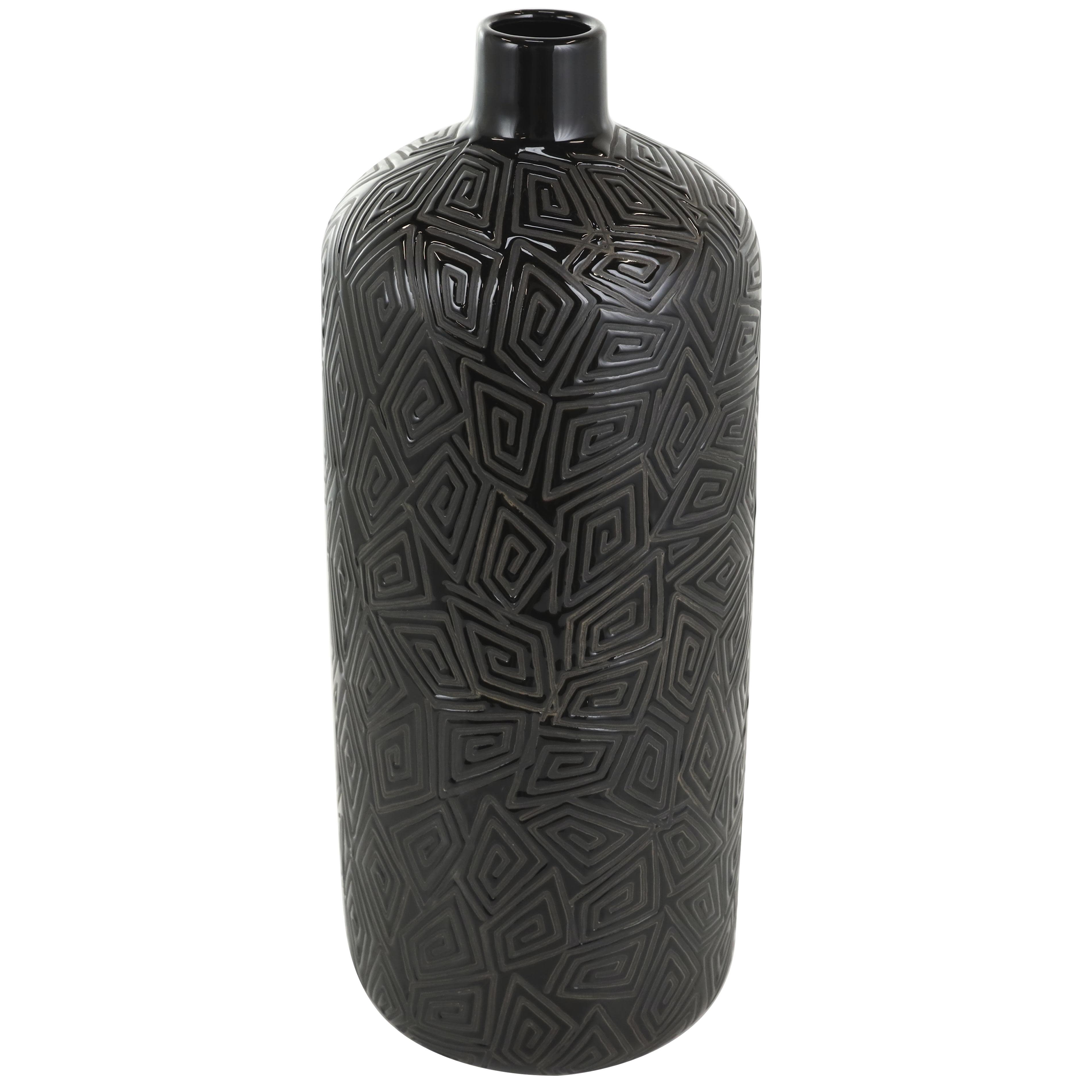 Black Ceramic  Decorative Vase with Geometric Etchings, 8" x 8" x 19"