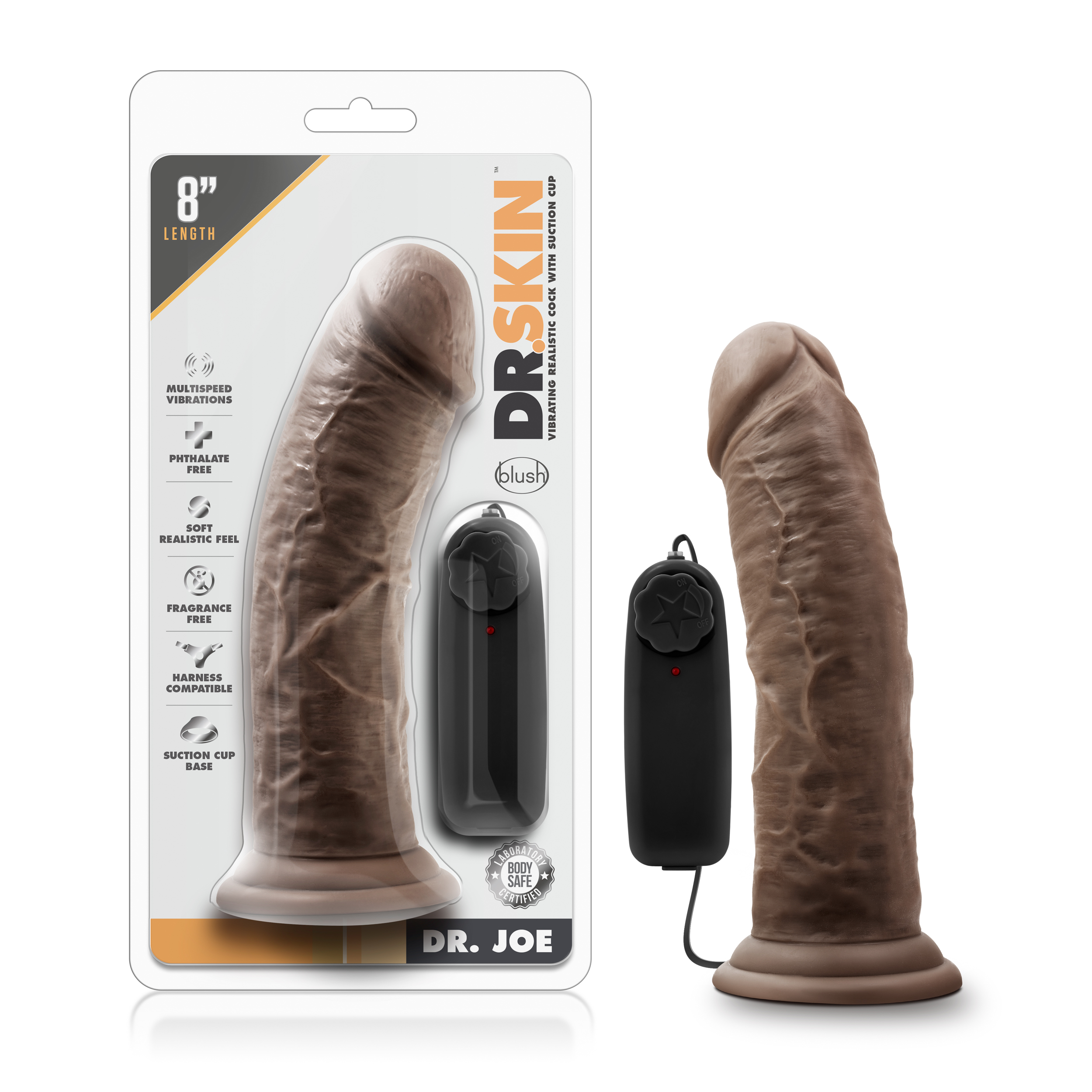 Blush Dr. Skin Dr. Joe Realistic Chocolate 8-Inch Long Remote Control Vibrating Dildo With Suction Cup Base